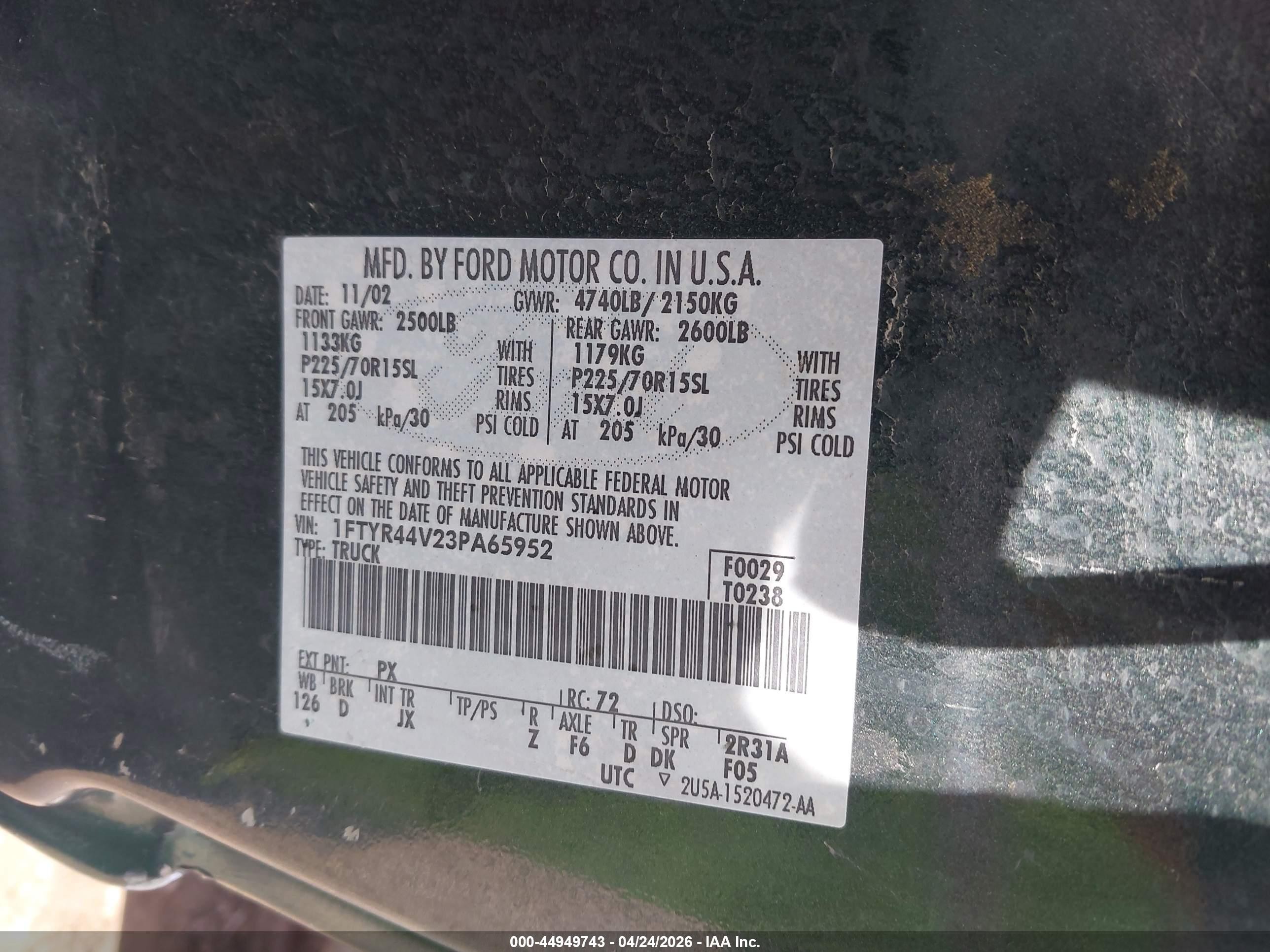 2003 Ford Ranger Edge/tremor/xlt Green vin: 1FTYR44V23PA65952