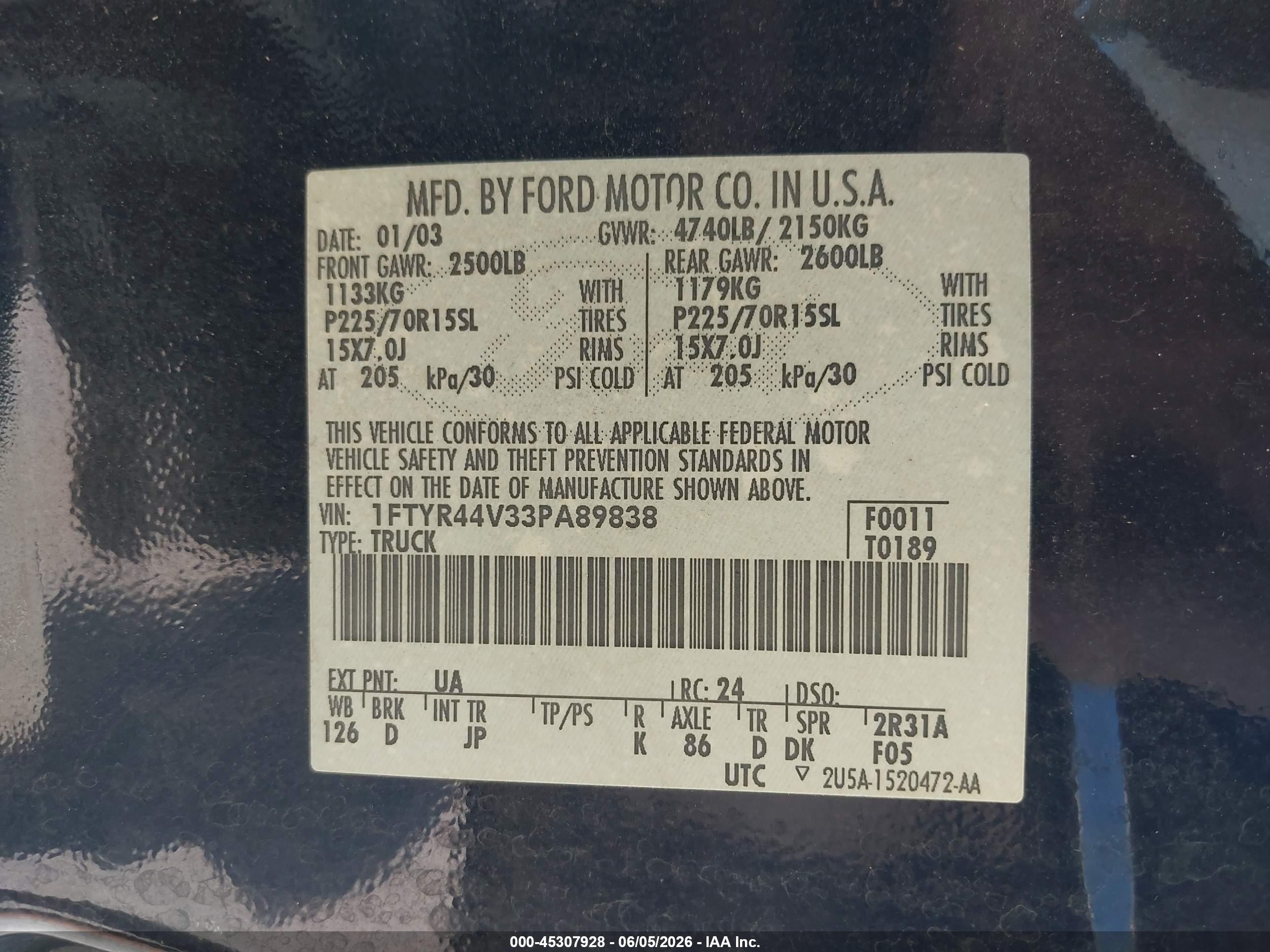 2003 Ford Ranger Edge/tremor/xlt Black vin: 1FTYR44V33PA89838