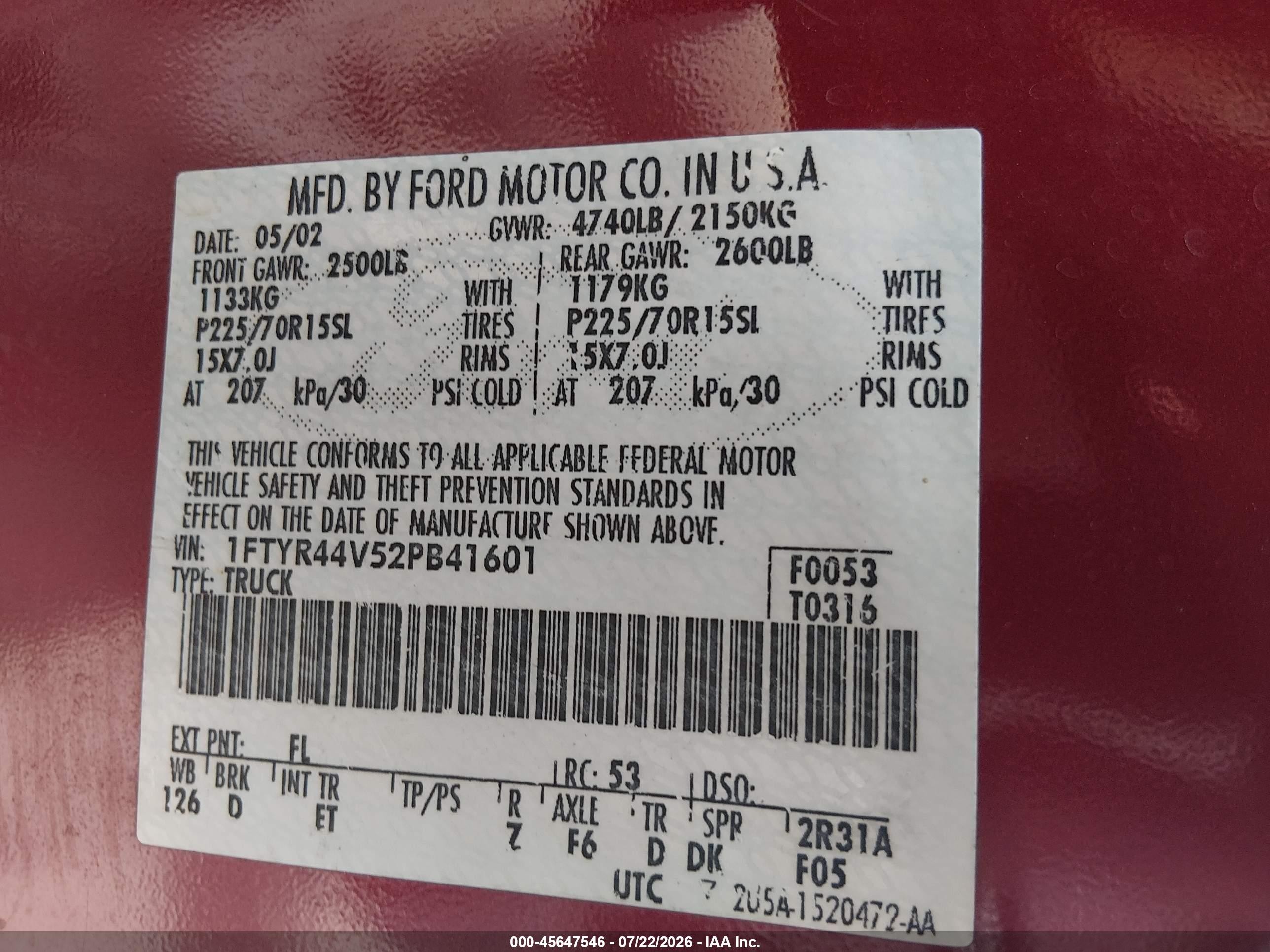 2002 Ford Ranger Edge/tremor/xlt Red vin: 1FTYR44V52PB41601