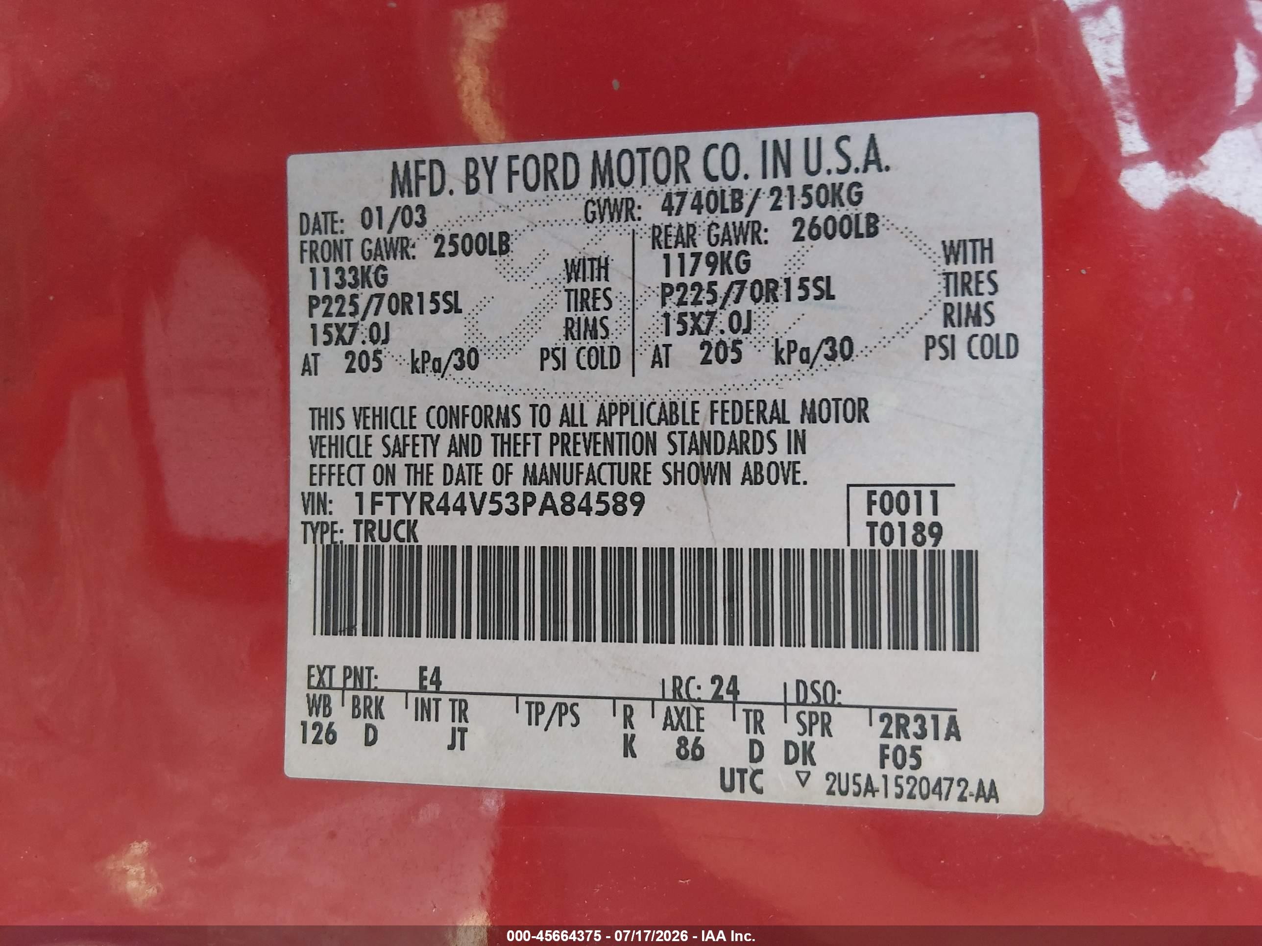 2003 Ford Ranger Red vin: 1FTYR44V53PA84589