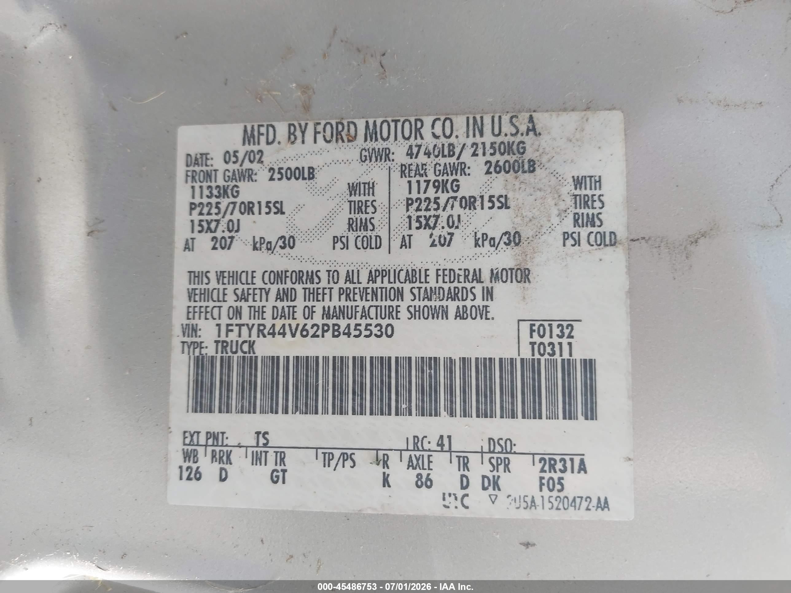 2002 Ford Ranger Edge/tremor/xlt Silver vin: 1FTYR44V62PB45530