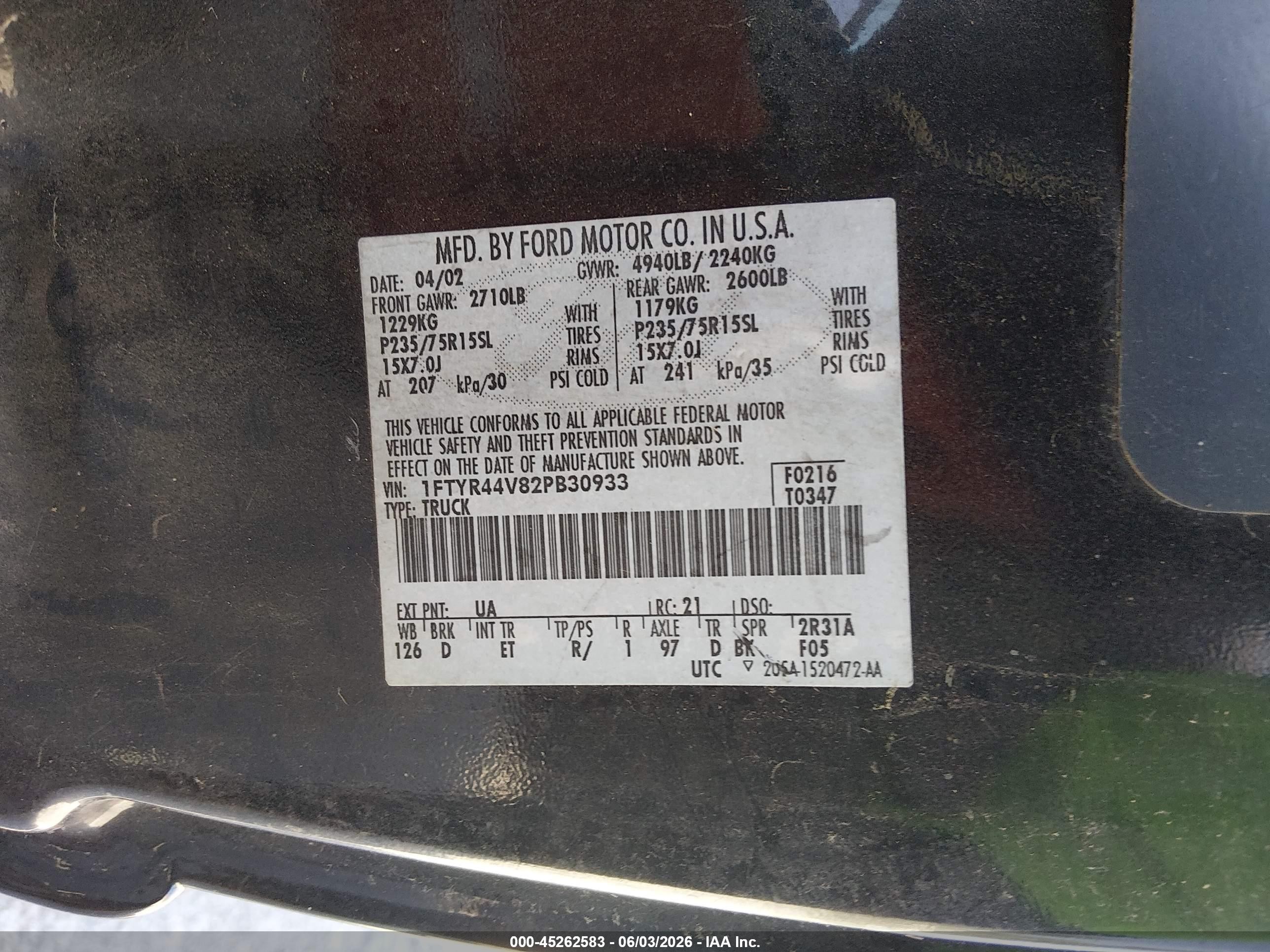 2002 Ford Ranger Edge/tremor/xlt Black vin: 1FTYR44V82PB30933