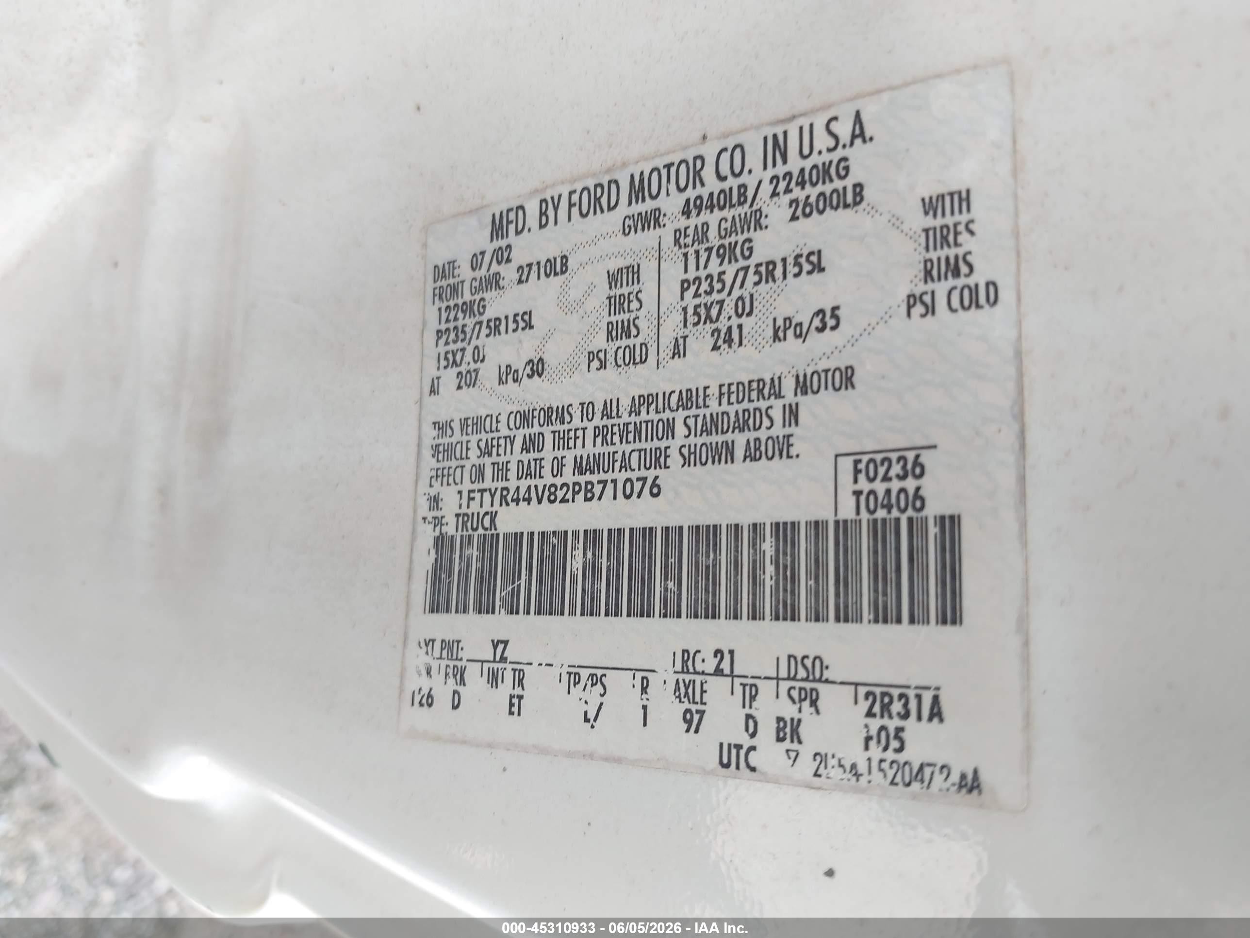 2002 Ford Ranger Edge/tremor/xlt White vin: 1FTYR44V82PB71076