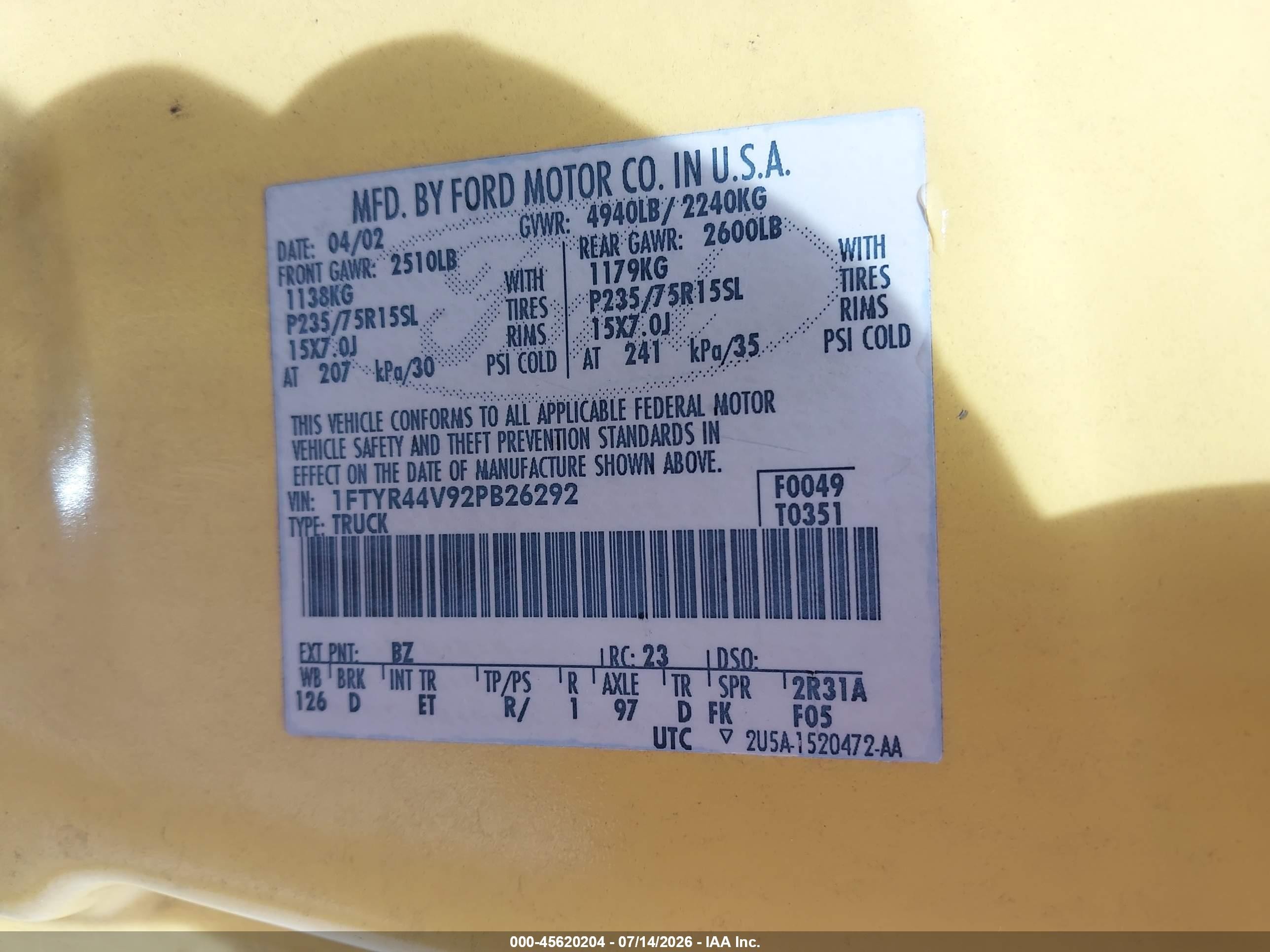2002 Ford Ranger Edge/tremor/xlt Yellow vin: 1FTYR44V92PB26292