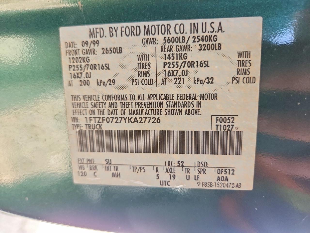 2000 Ford F150 Green vin: 1FTZF0727YKA27726