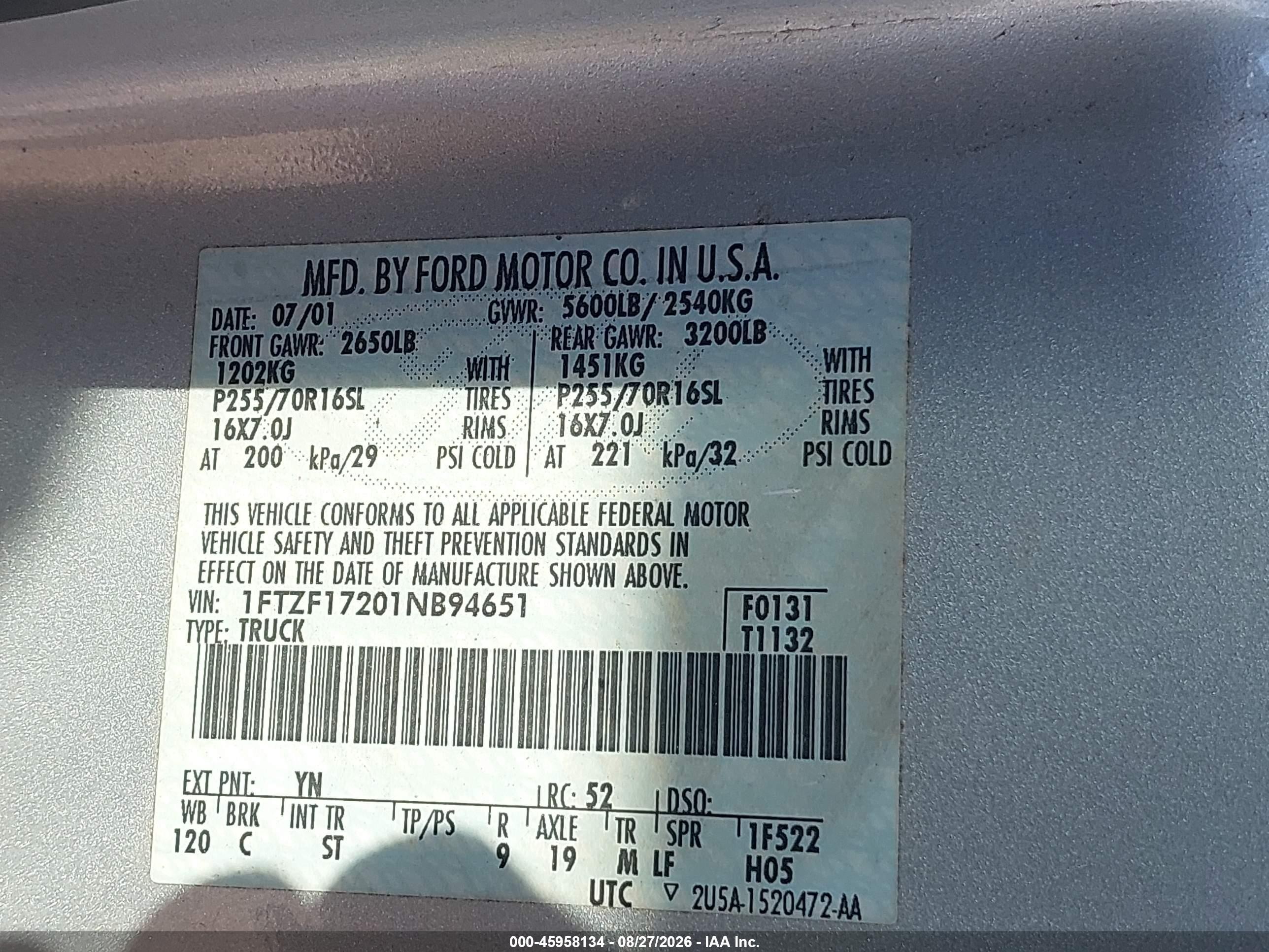 2001 Ford F-150 Xl/xlt Silver vin: 1FTZF17201NB94651