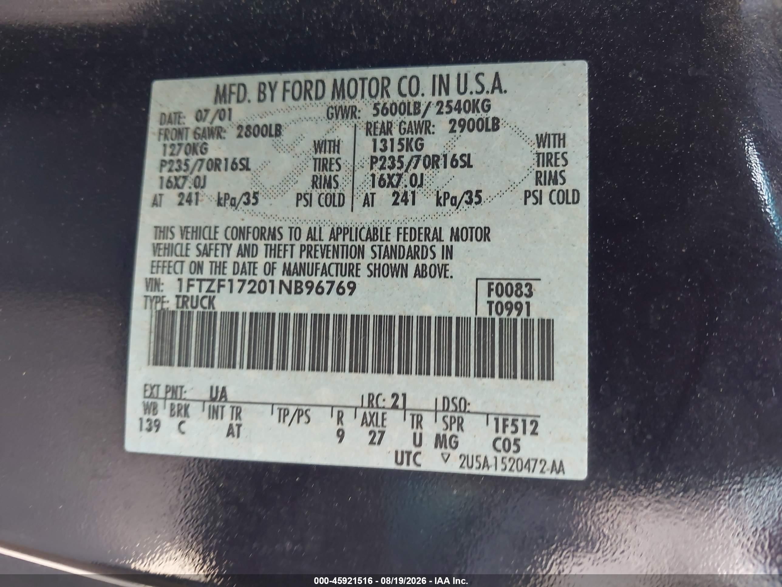 2001 Ford F-150 Xl/xlt Black vin: 1FTZF17201NB96769