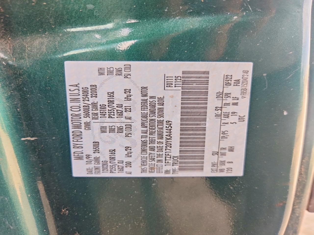 2000 Ford F150 Green vin: 1FTZF1720YKA44549