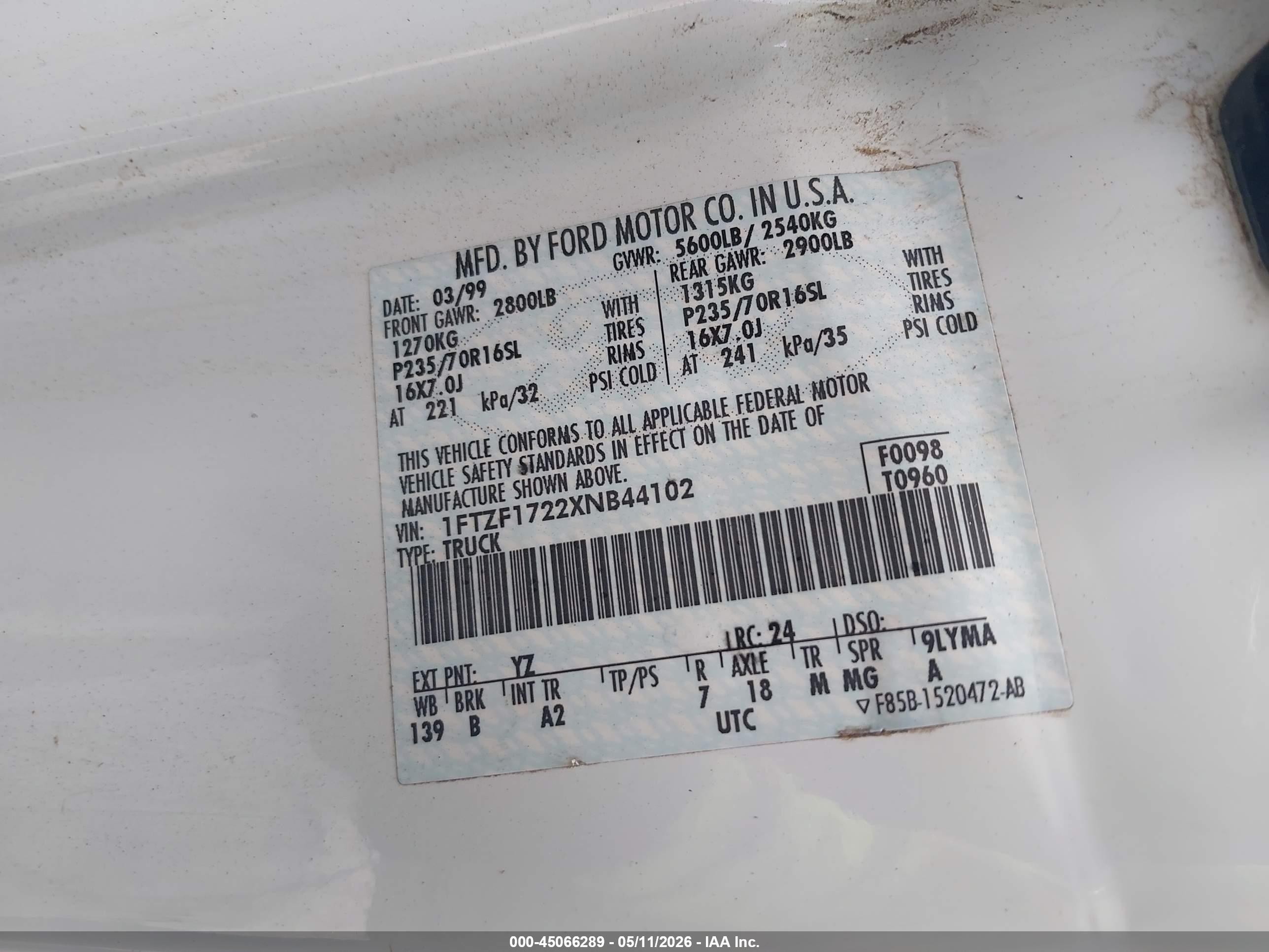 1999 Ford F-150 Work Series/xl/xlt White vin: 1FTZF1722XNB44102