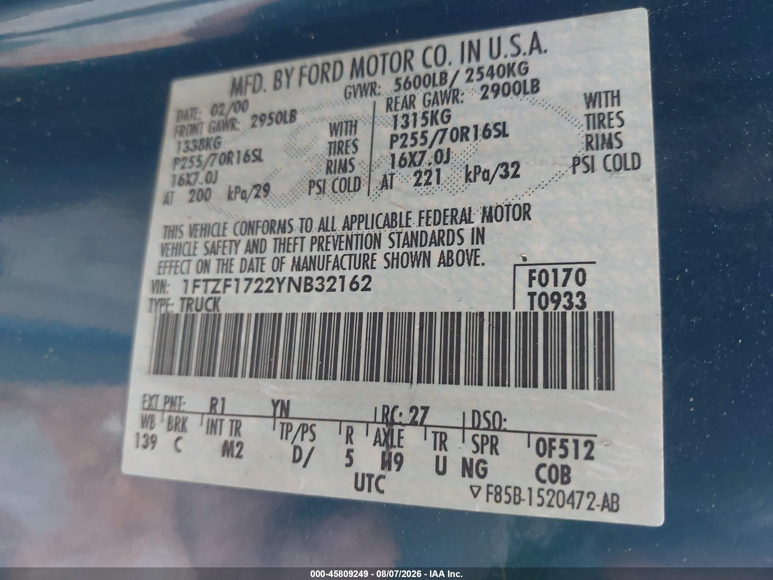 2000 Ford F-150 Work Series/xl/xlt Зеленый vin: 1FTZF1722YNB32162
