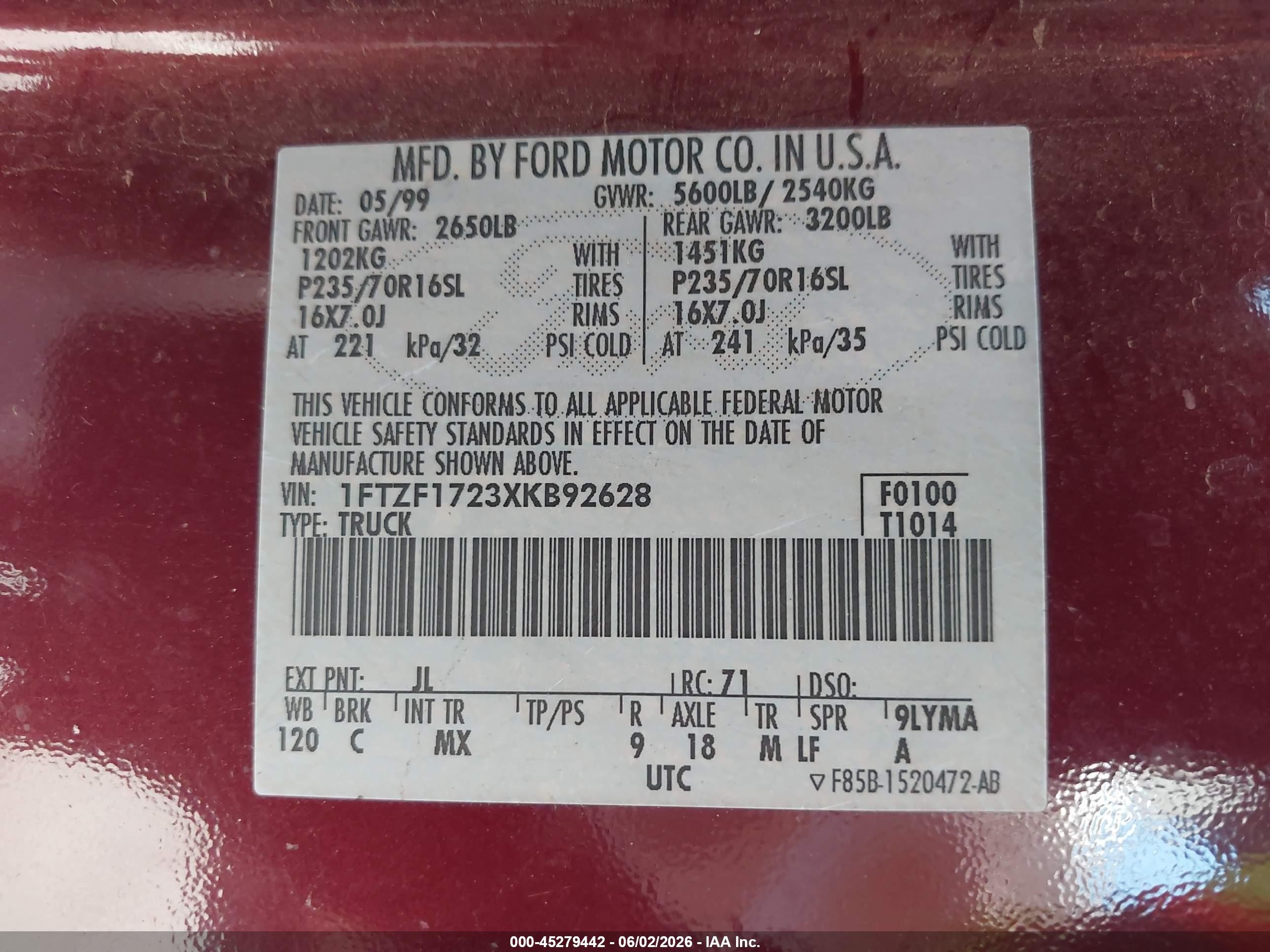 1999 Ford F-150 Work Series/xl/xlt Red vin: 1FTZF1723XKB92628