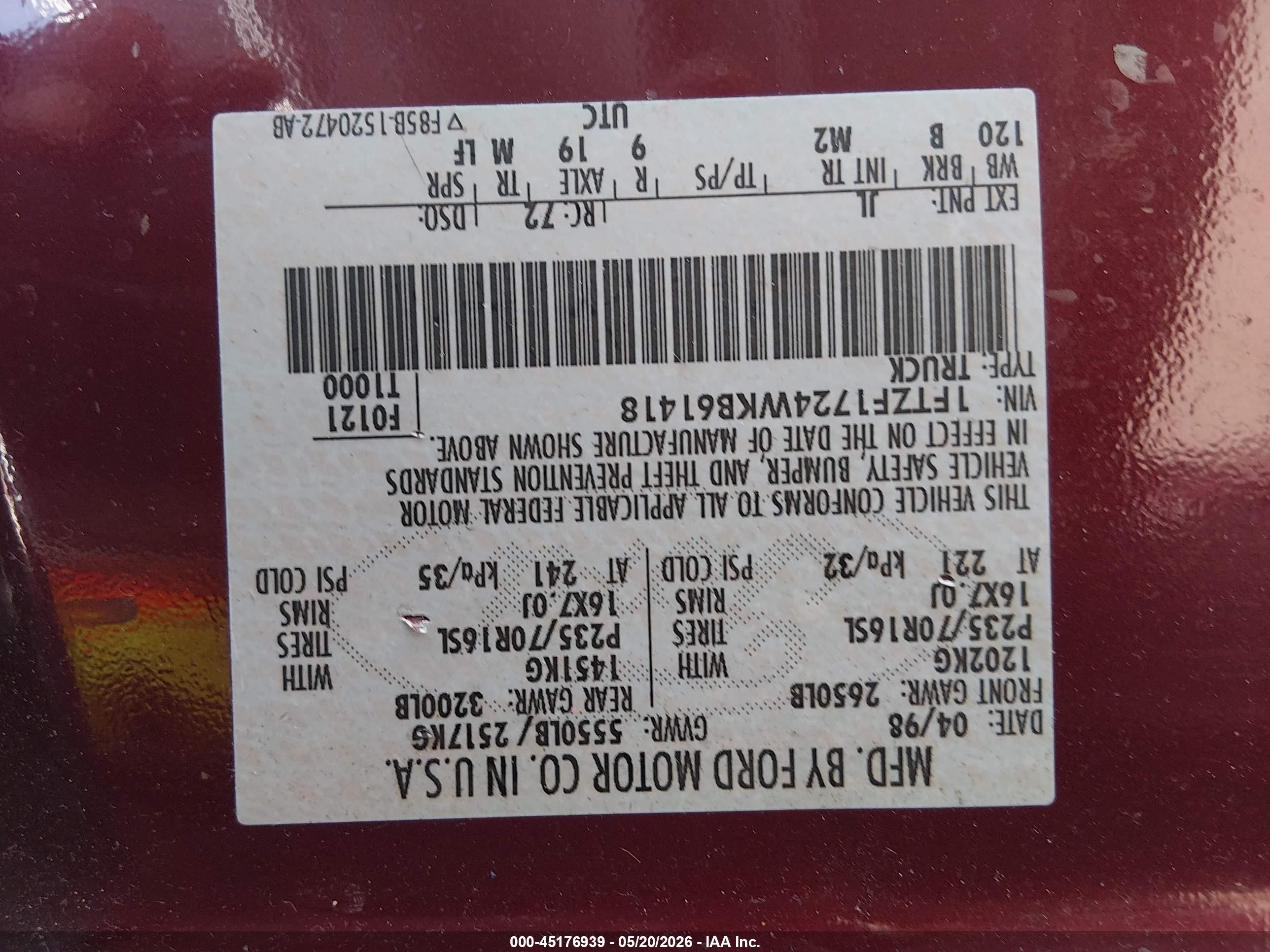 1998 Ford F-150 Standard/xl/xlt Maroon vin: 1FTZF1724WKB61418