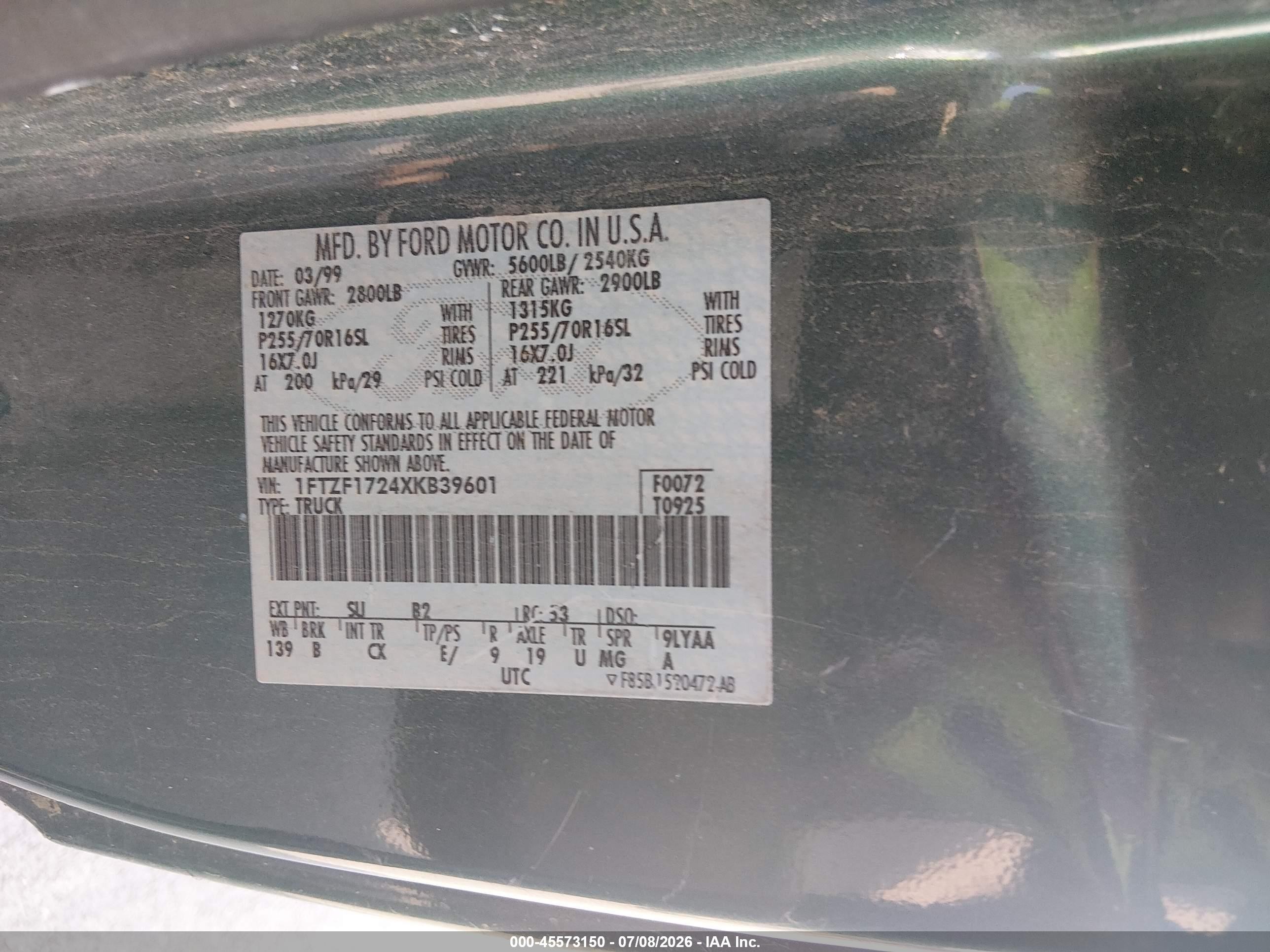 1999 Ford F-150 Work Series/xl/xlt Green vin: 1FTZF1724XKB39601