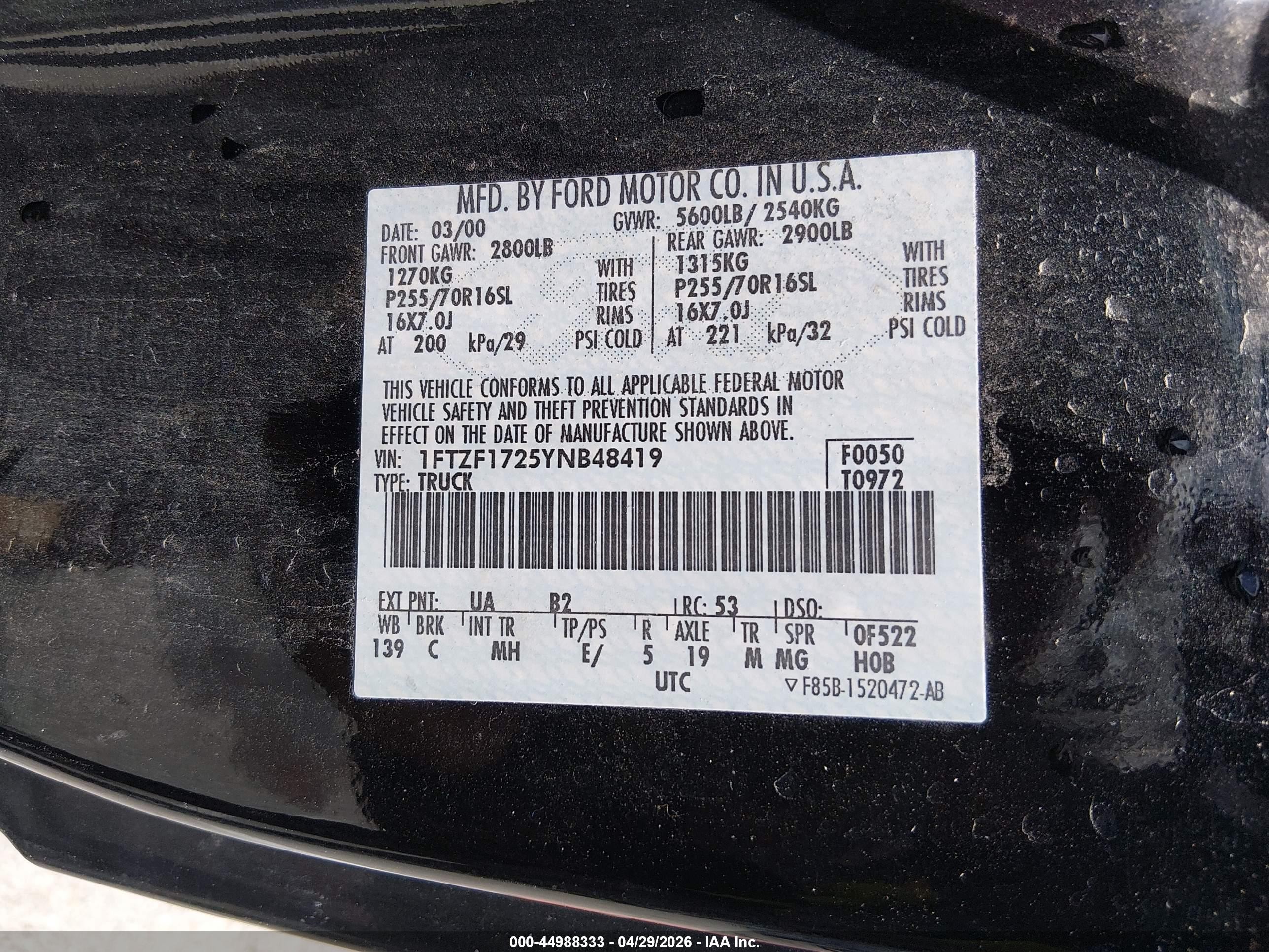 2000 Ford F-150 Work Series/xl/xlt Black vin: 1FTZF1725YNB48419