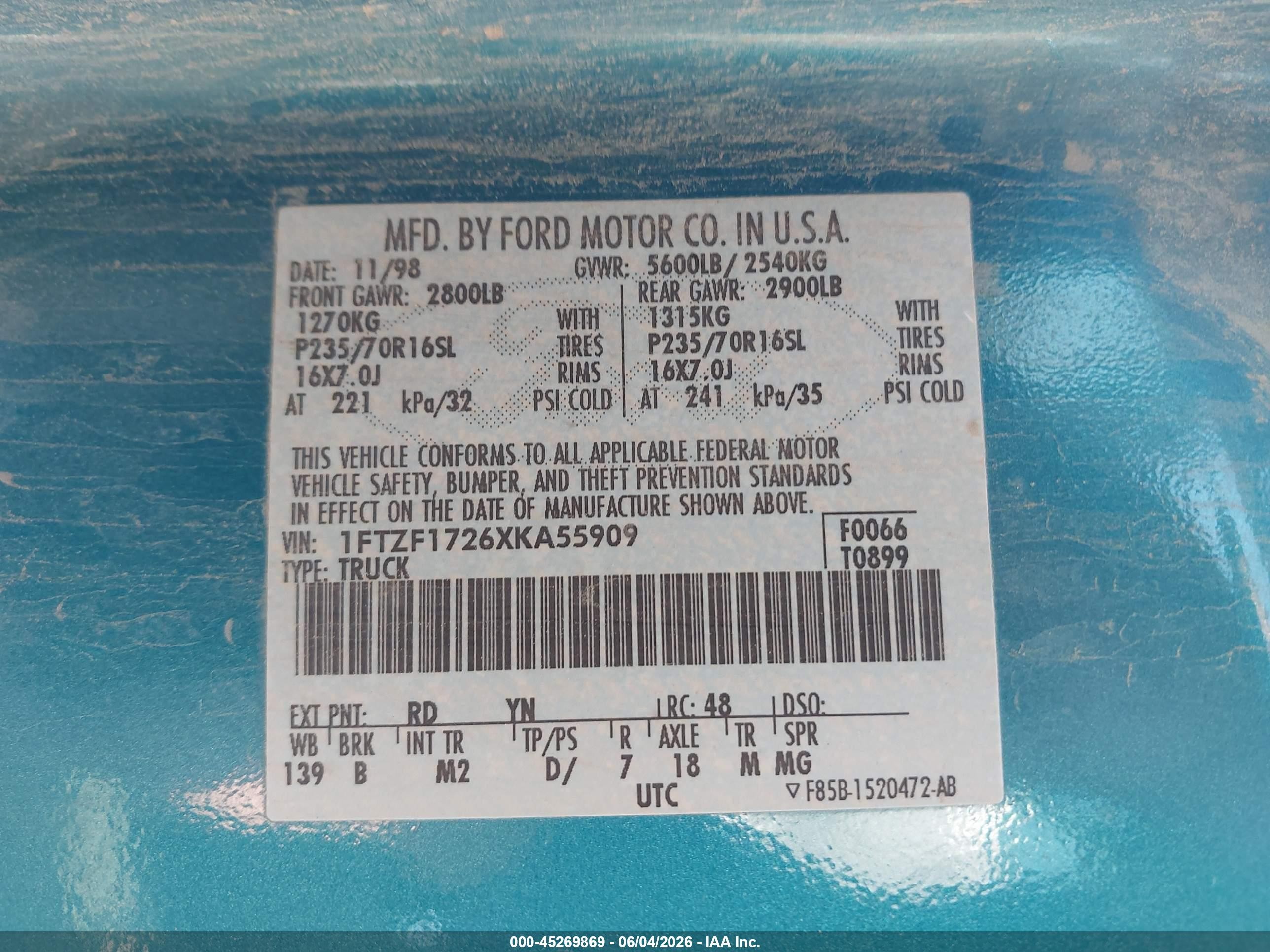 1999 Ford F-150 Work Series/xl/xlt Turquoise vin: 1FTZF1726XKA55909