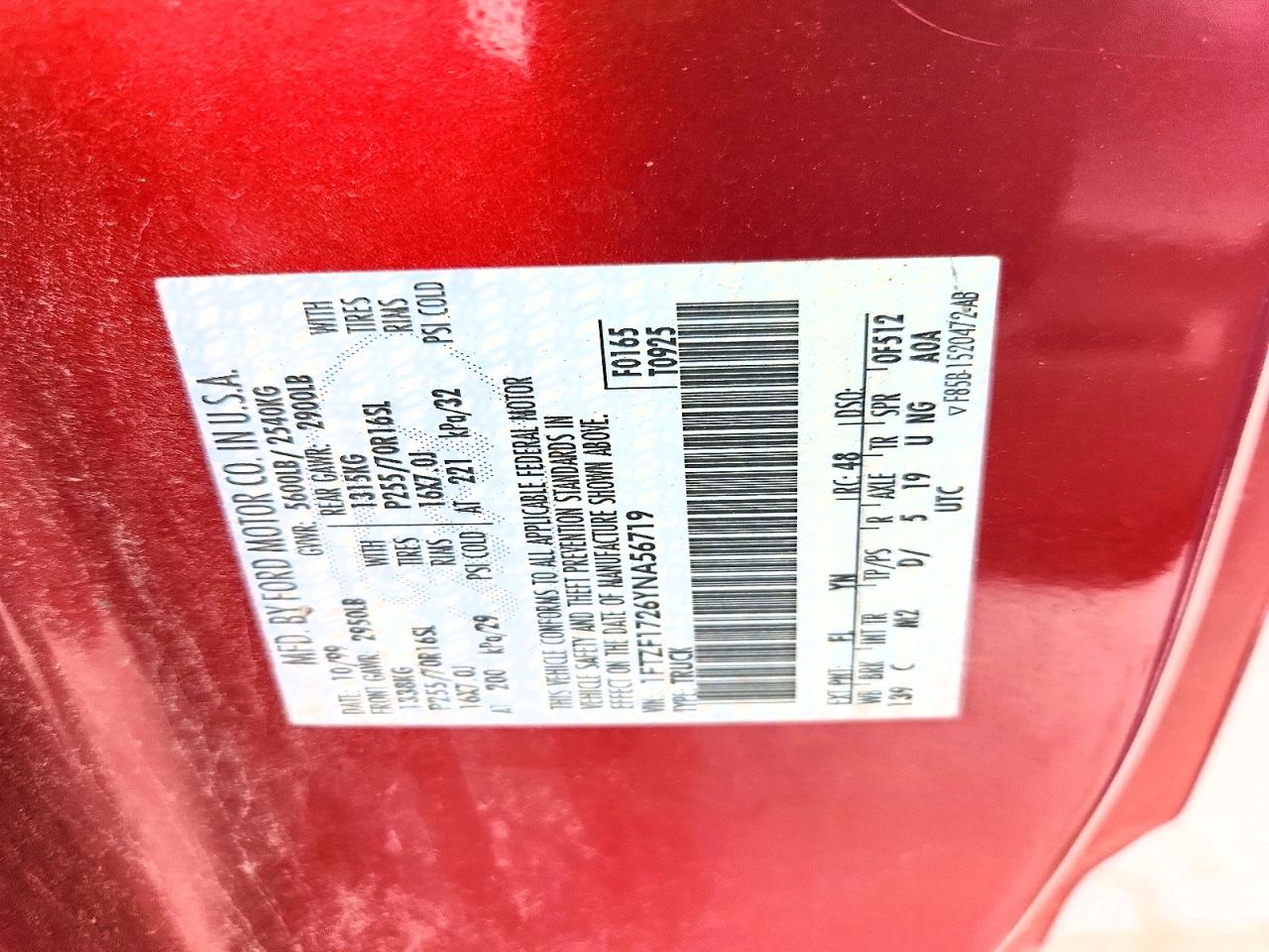 2000 Ford F150 Red vin: 1FTZF1726YNA56719