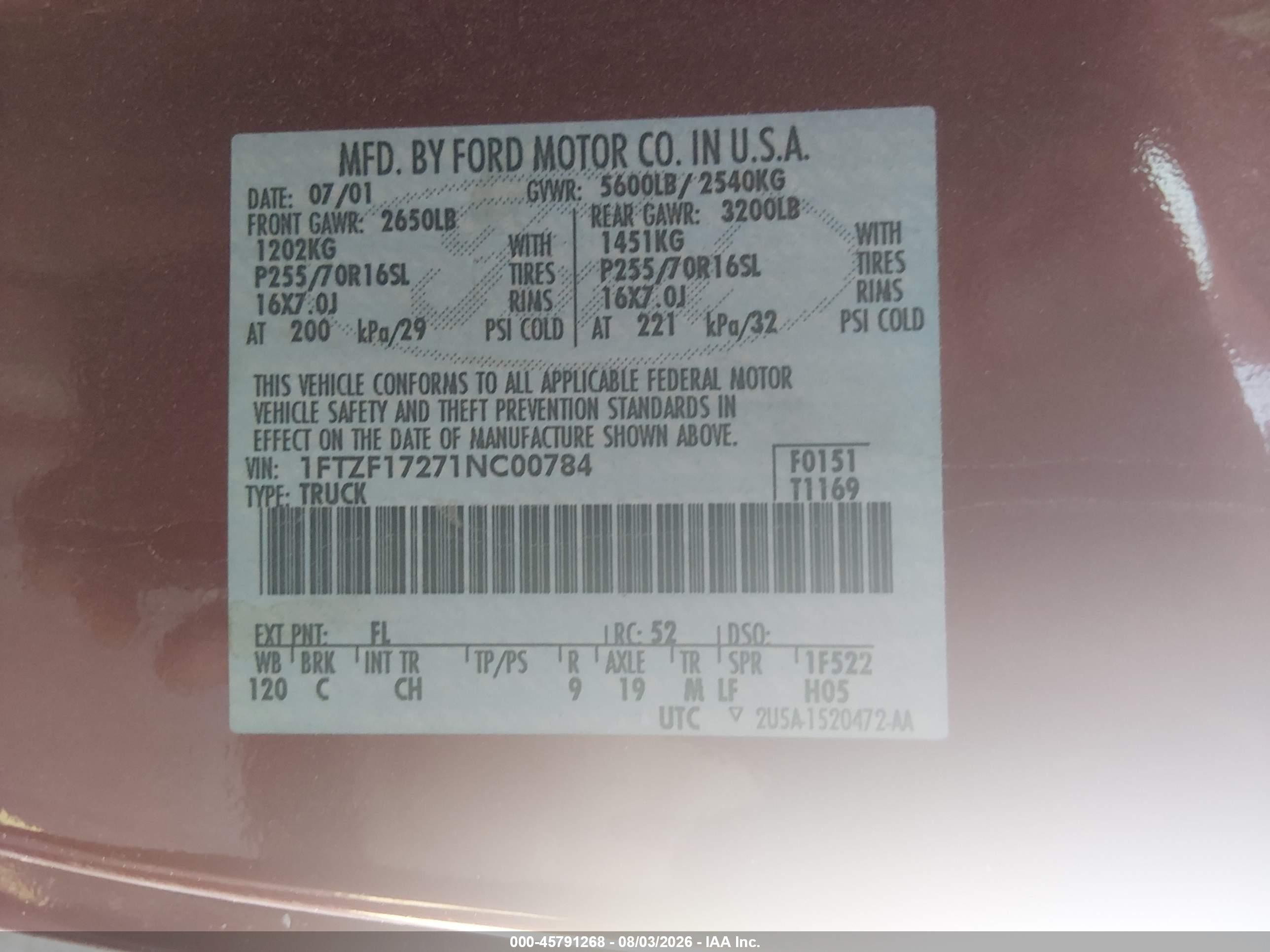 2001 Ford F-150 Xl/xlt Красный vin: 1FTZF17271NC00784