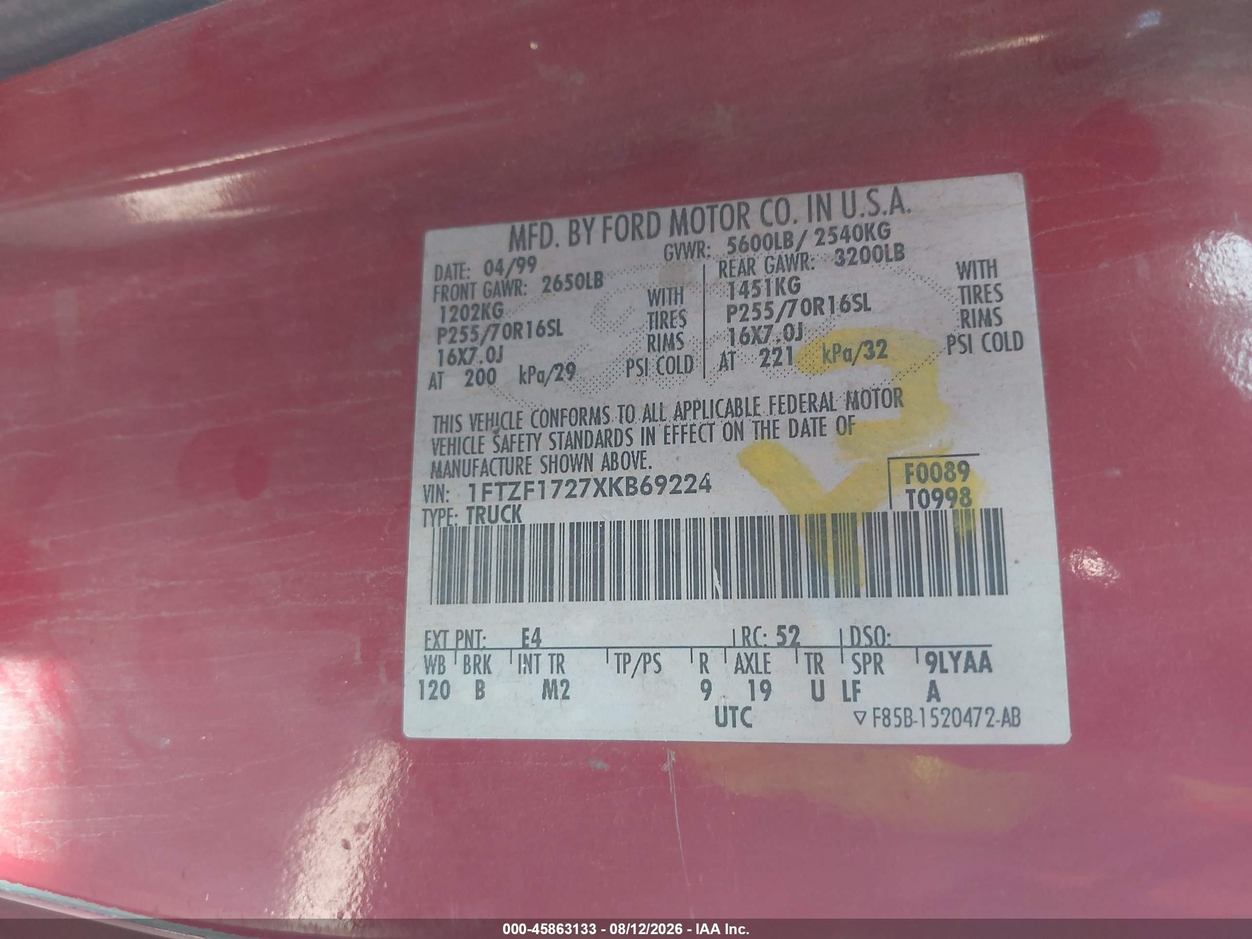 1999 Ford F-150 Work Series/xl/xlt Red vin: 1FTZF1727XKB69224