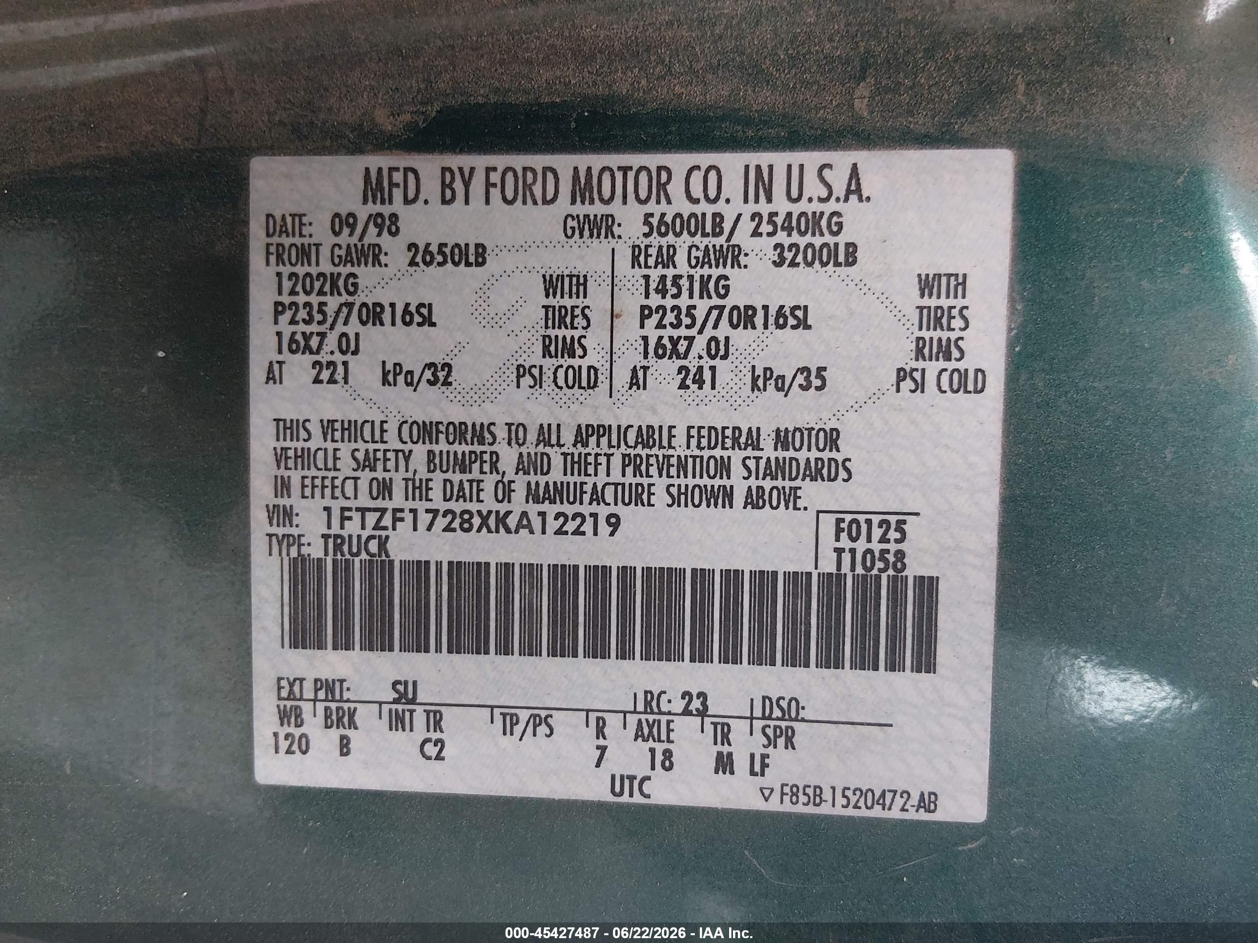 1999 Ford F-150 Work Series/xl/xlt Green vin: 1FTZF1728XKA12219