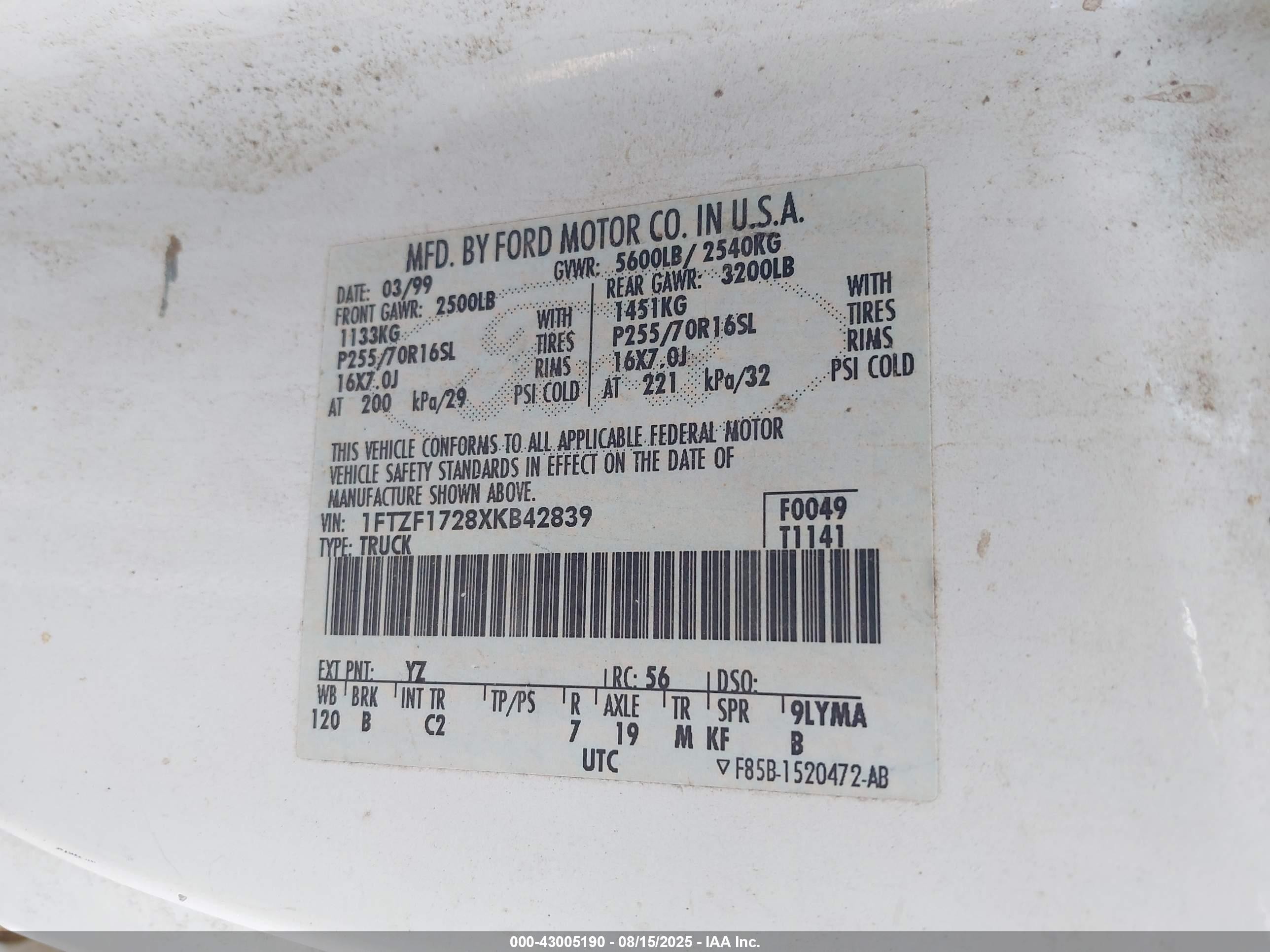 1999 Ford F-150 Work Series/xl/xlt White vin: 1FTZF1728XKB42839