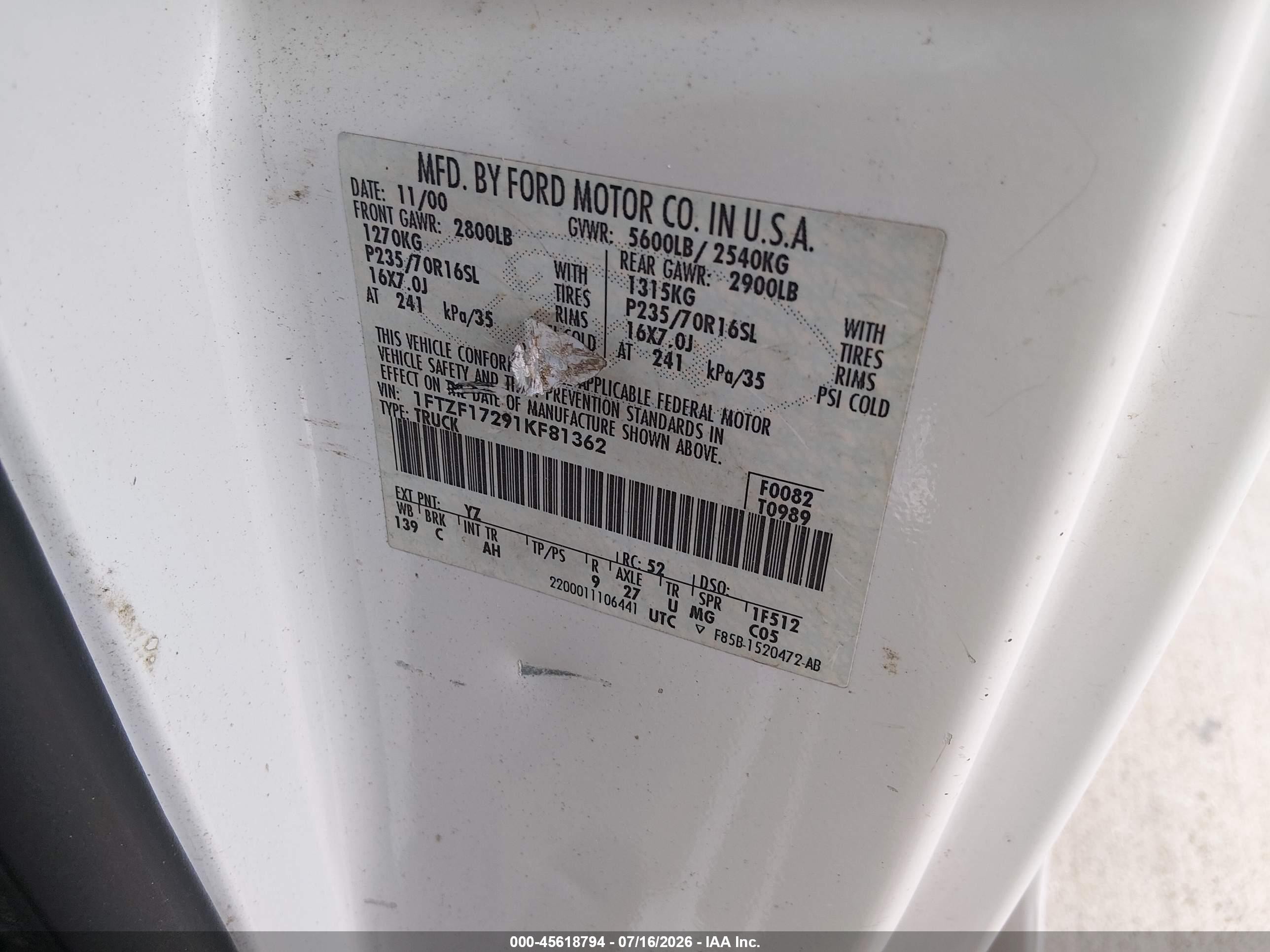 2001 Ford F-150 Xl/xlt White vin: 1FTZF17291KF81362