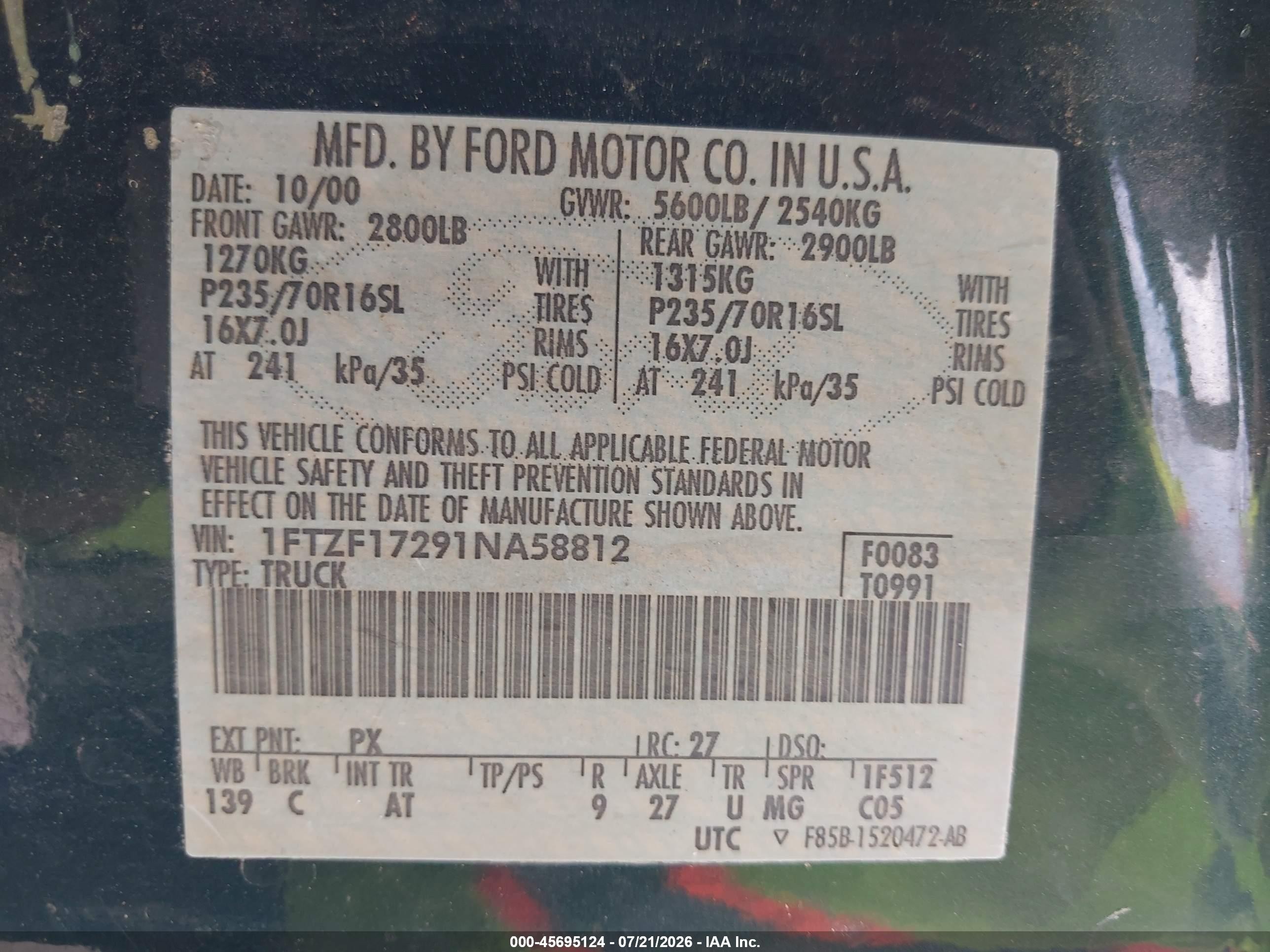 2001 Ford F-150 Xl/xlt Green vin: 1FTZF17291NA58812
