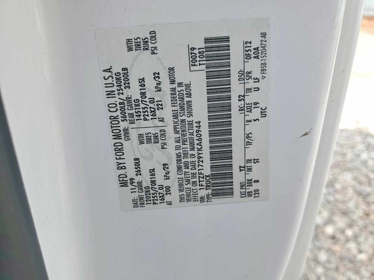 2000 Ford F150 White vin: 1FTZF1729YKA60944