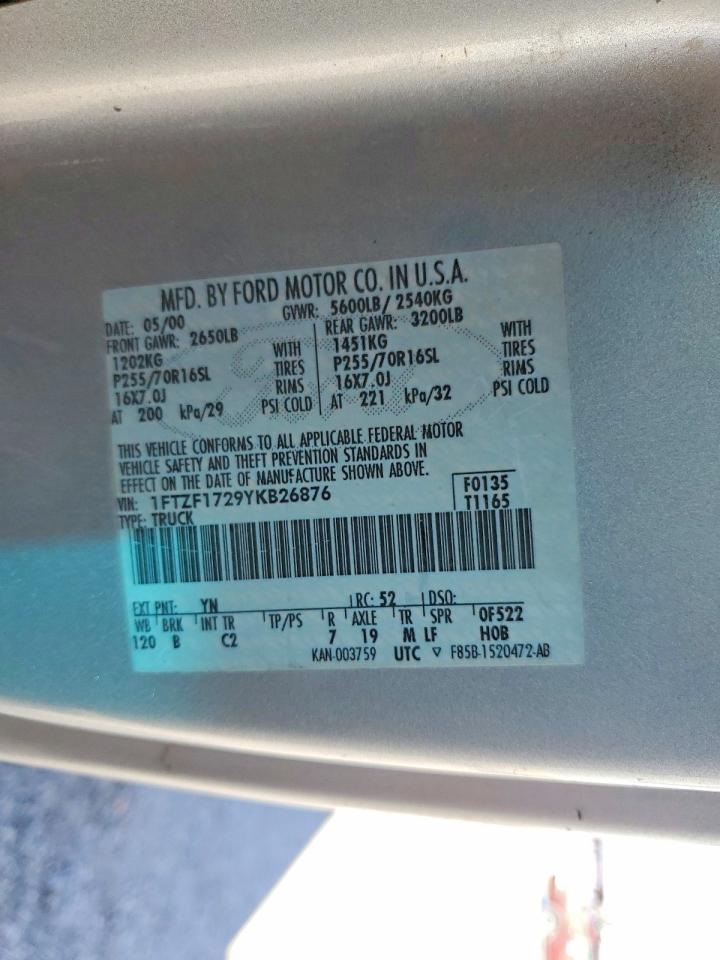 2000 Ford F150 Silver vin: 1FTZF1729YKB26876
