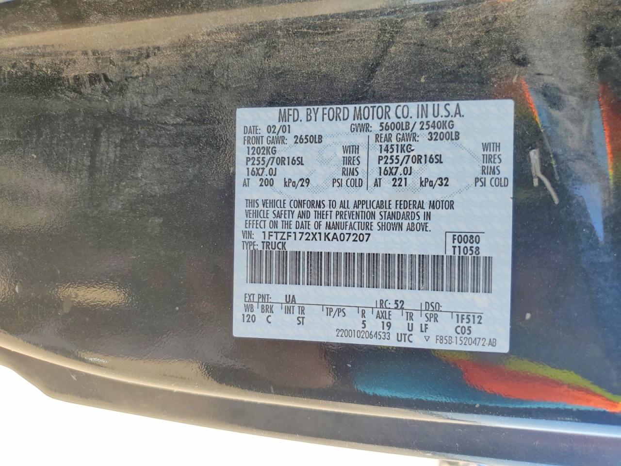 2001 Ford F150 Black vin: 1FTZF172X1KA07207
