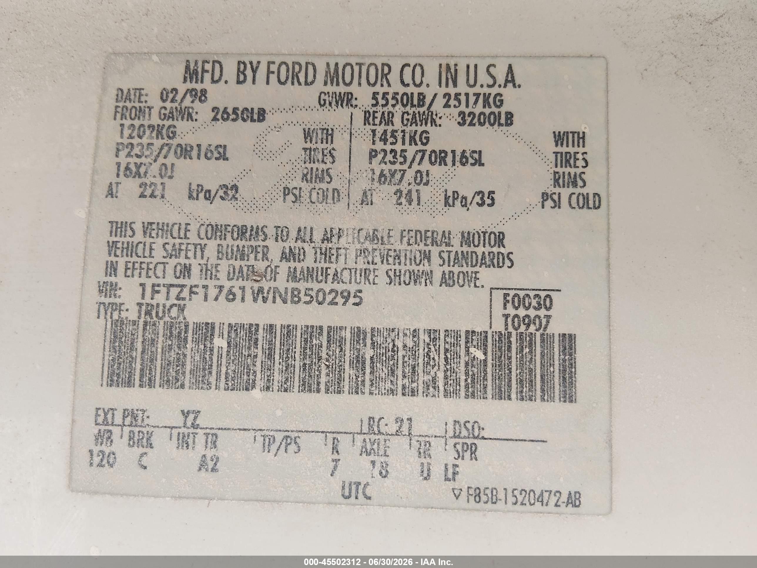 1998 Ford F-150 Lariat/standard/xl/xlt Белый vin: 1FTZF1761WNB50295