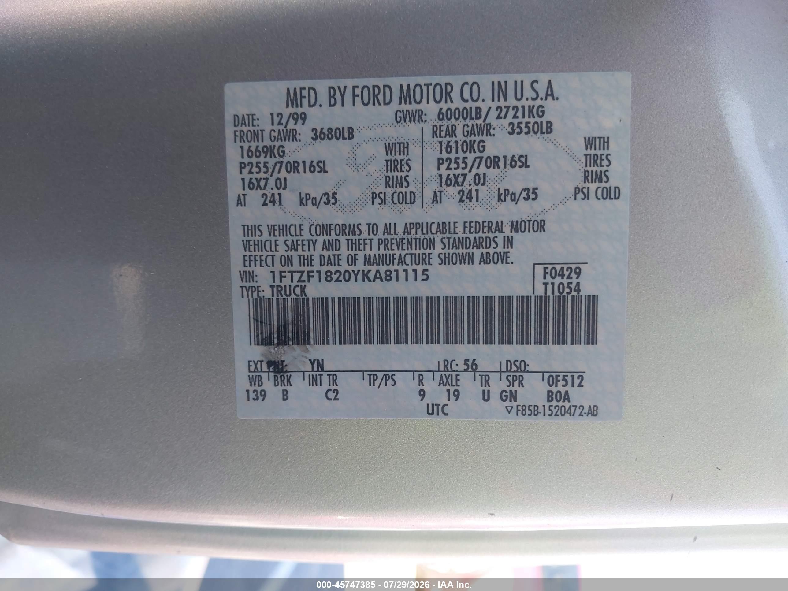 2000 Ford F-150 Work Series/xl/xlt Silver vin: 1FTZF1820YKA81115
