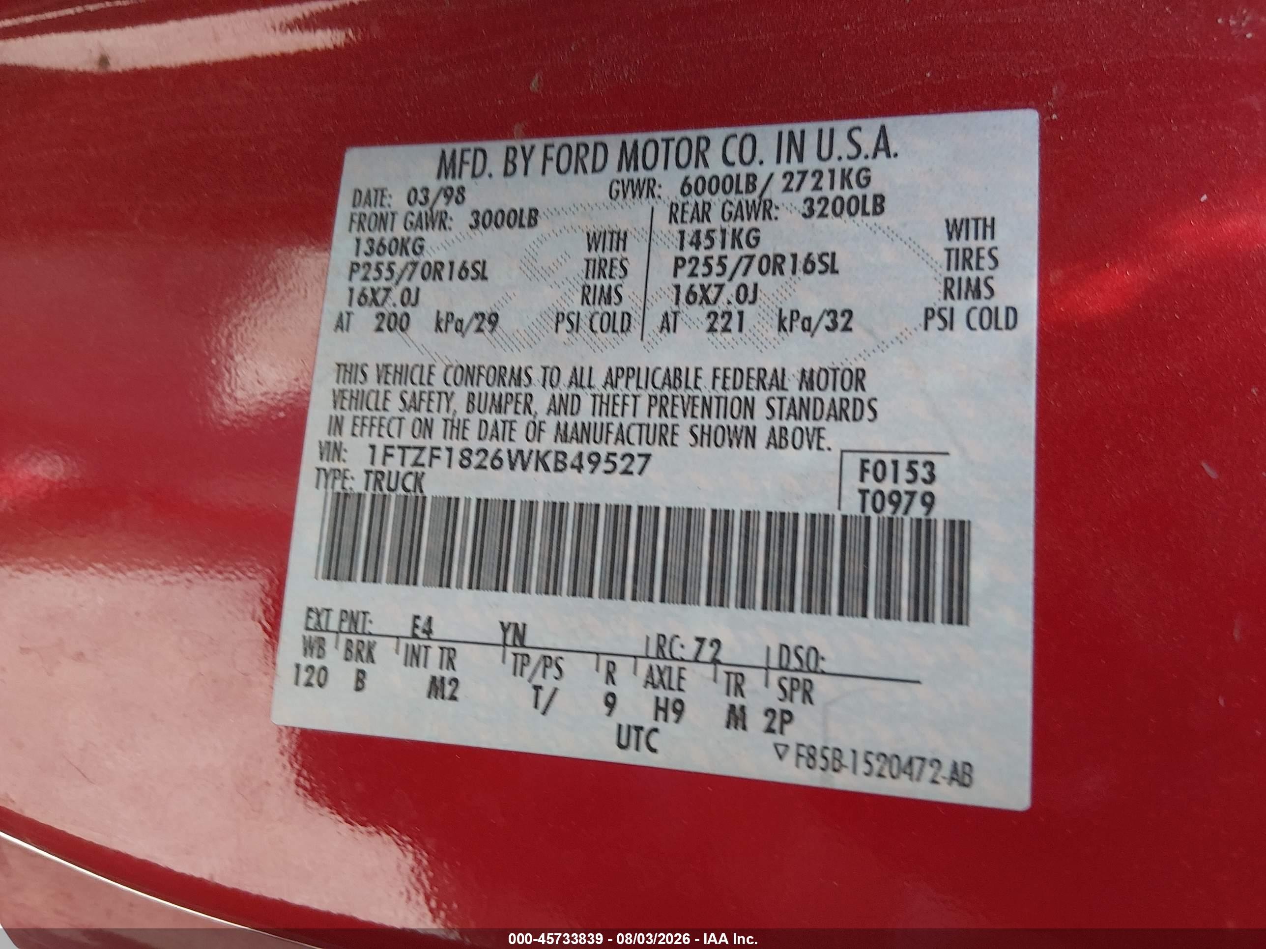 1998 Ford F-150 Standard/xl/xlt Red vin: 1FTZF1826WKB49527