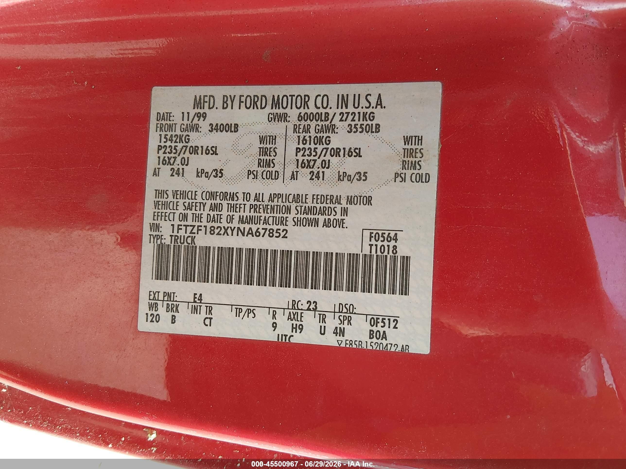 2000 Ford F-150 Work Series/xl/xlt Red vin: 1FTZF182XYNA67852