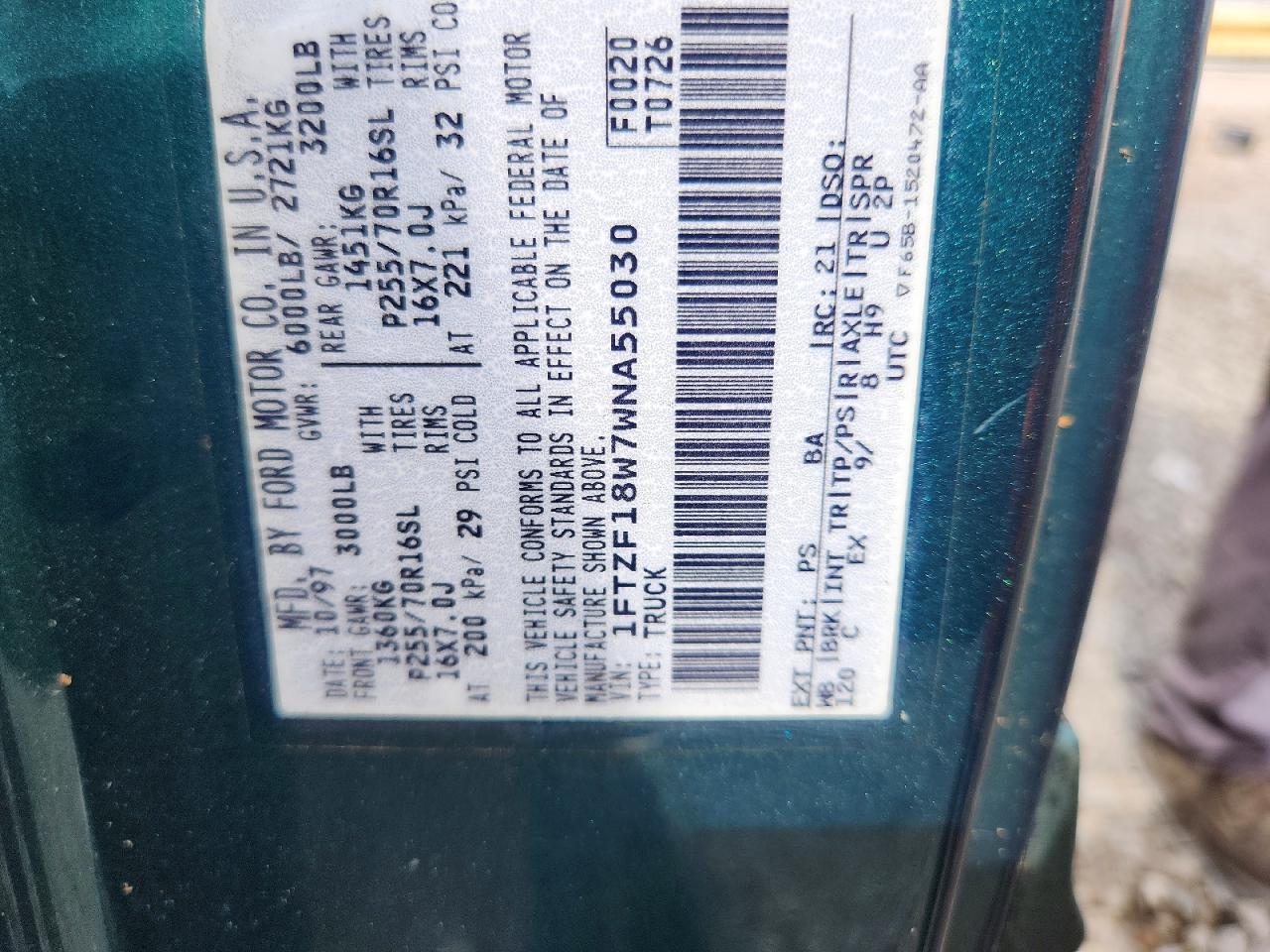 1998 Ford F150 Green vin: 1FTZF18W7WNA55030