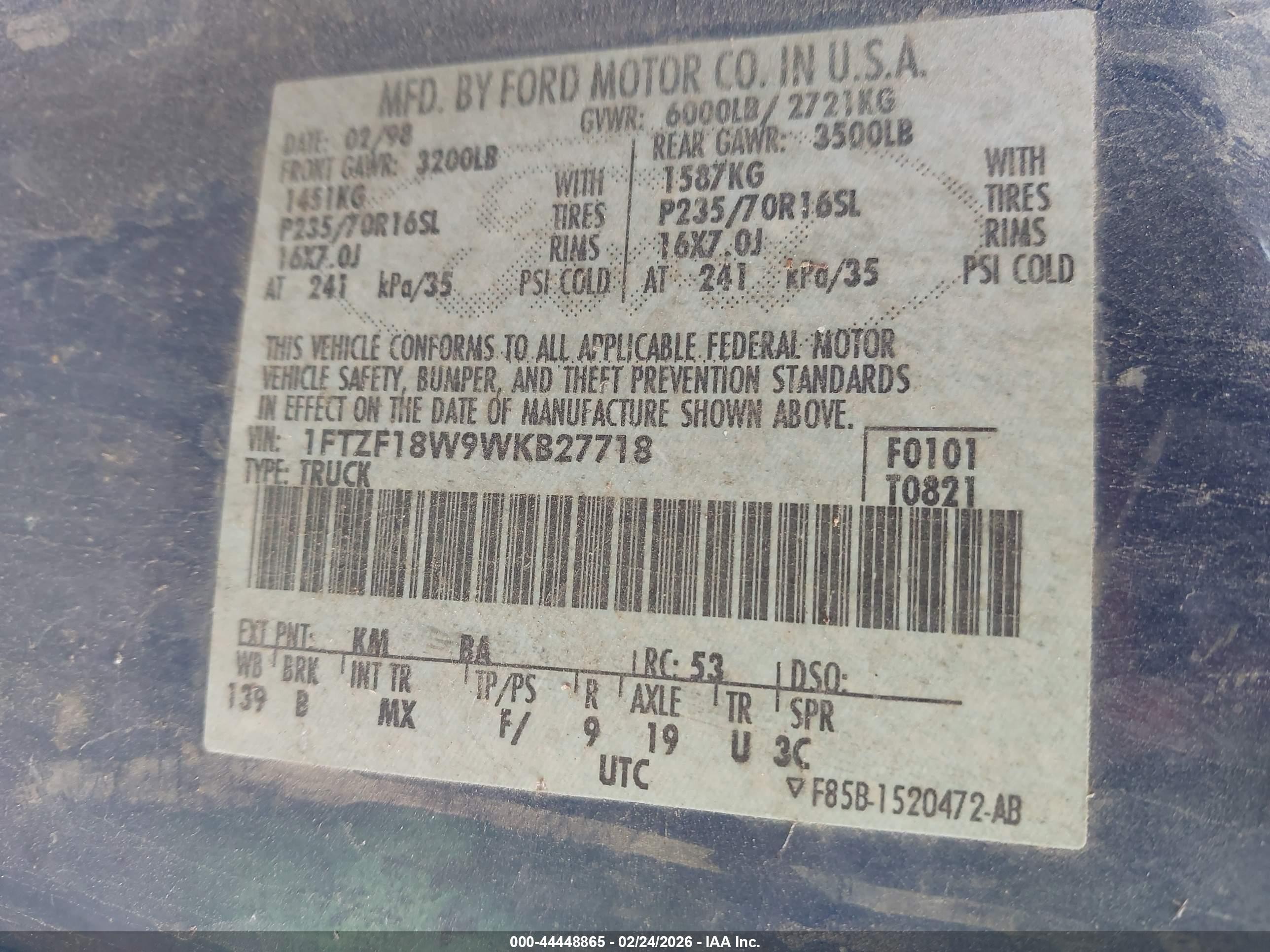 1998 Ford F-150 Lariat/standard/xl/xlt Blue vin: 1FTZF18W9WKB27718