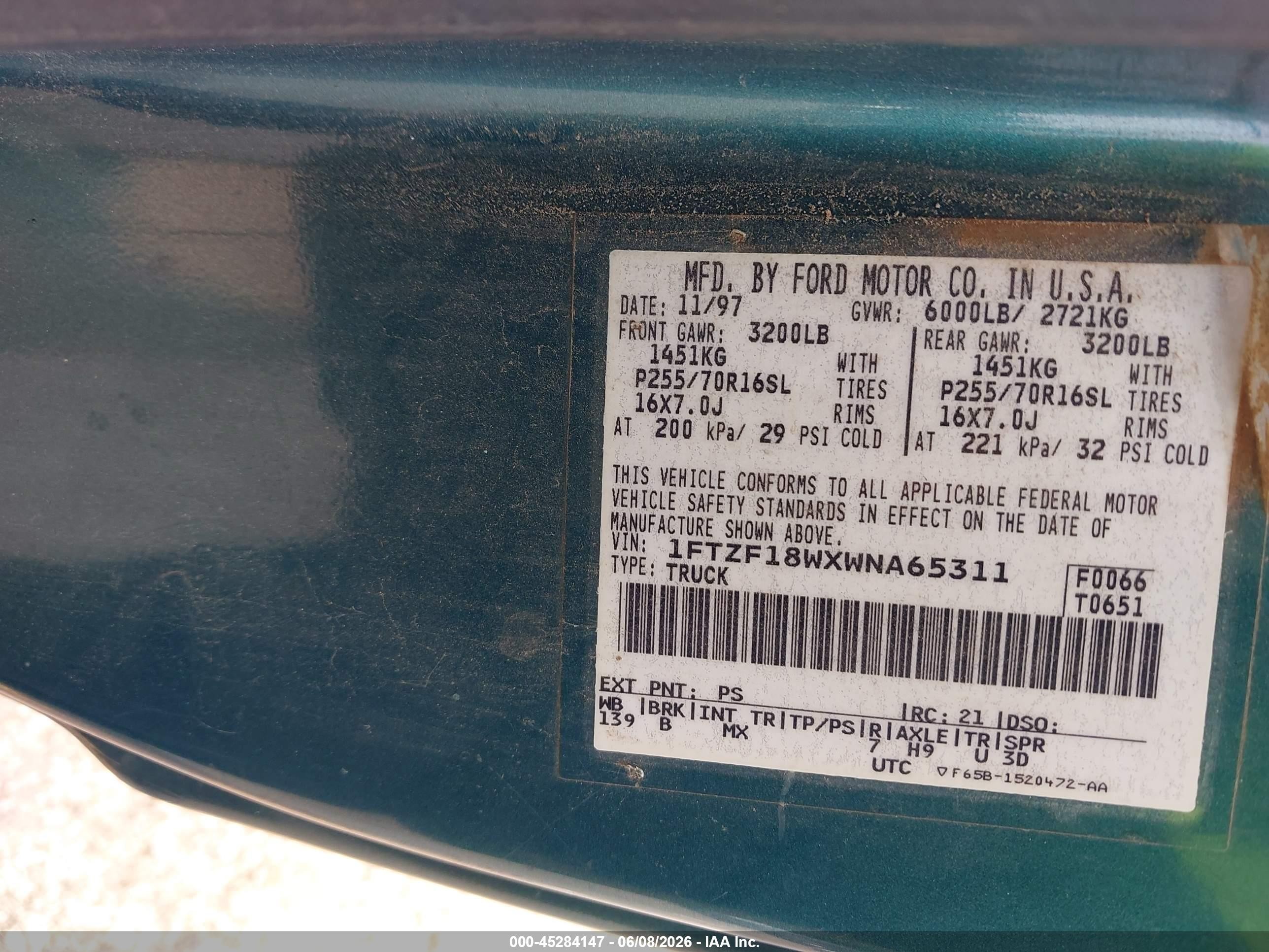 1998 Ford F-150 Lariat/standard/xl/xlt Зеленый vin: 1FTZF18WXWNA65311