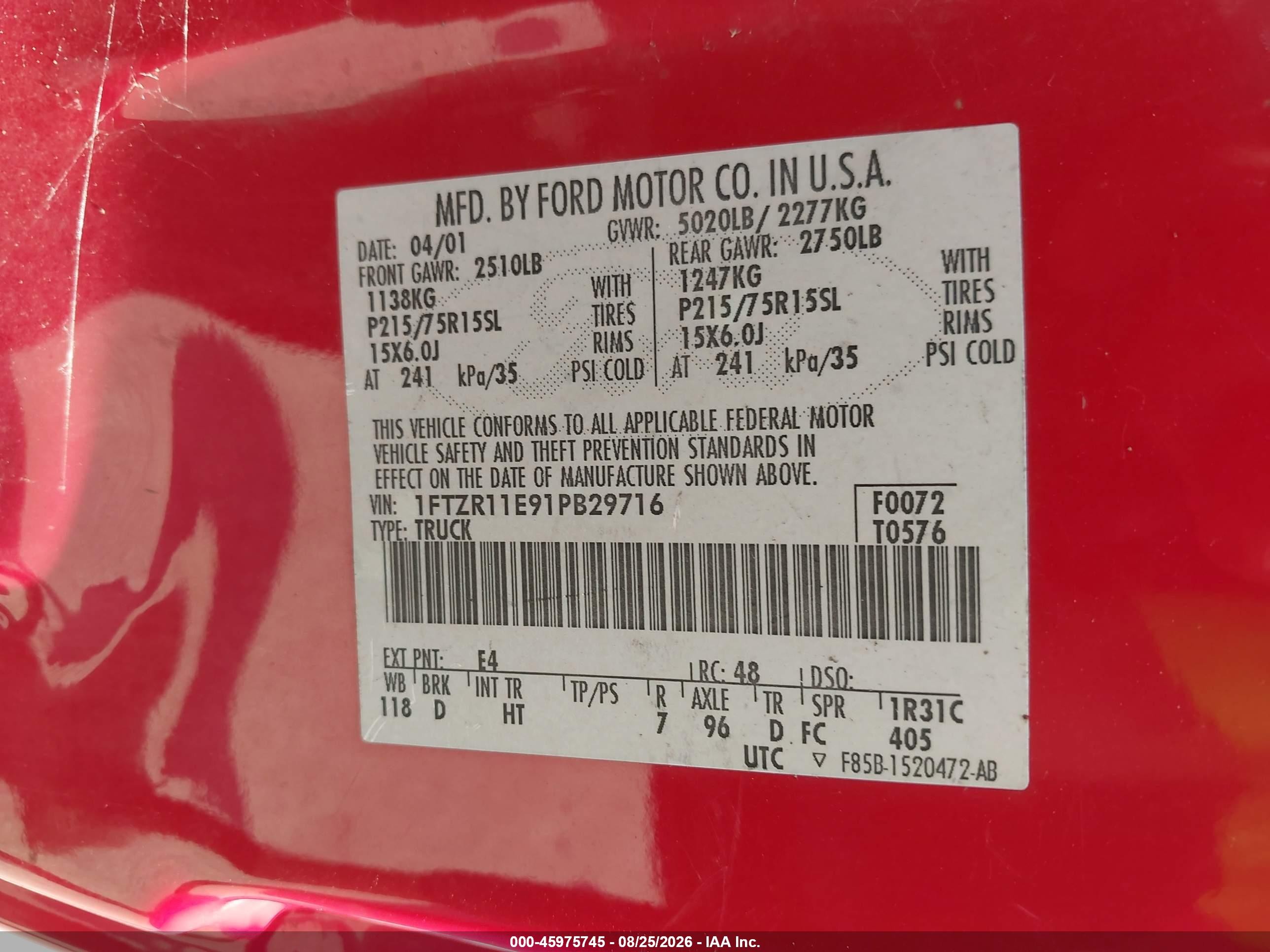 2001 Ford Ranger Edge Red vin: 1FTZR11E91PB29716