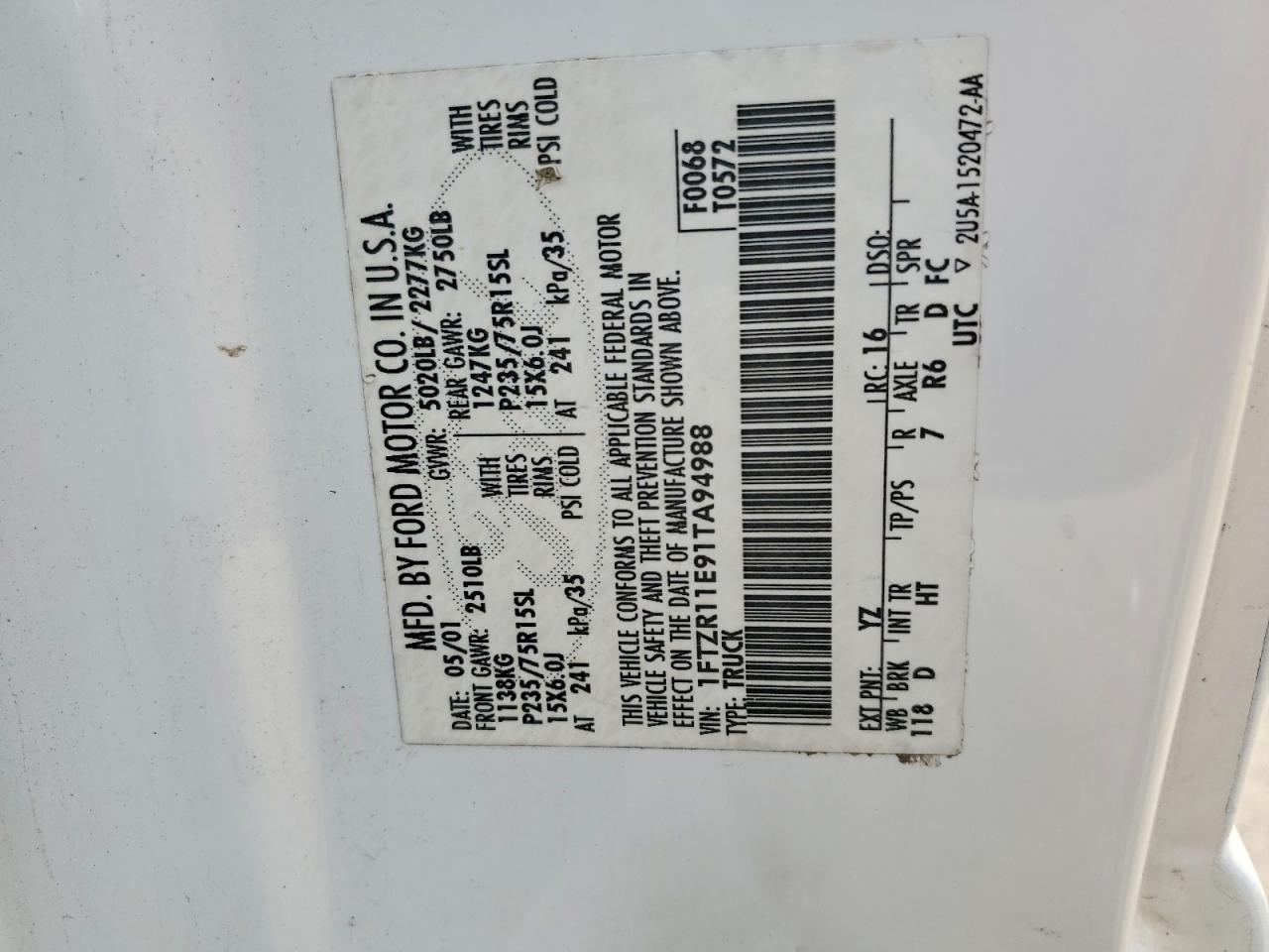 2001 Ford Ranger White vin: 1FTZR11E91TA94988