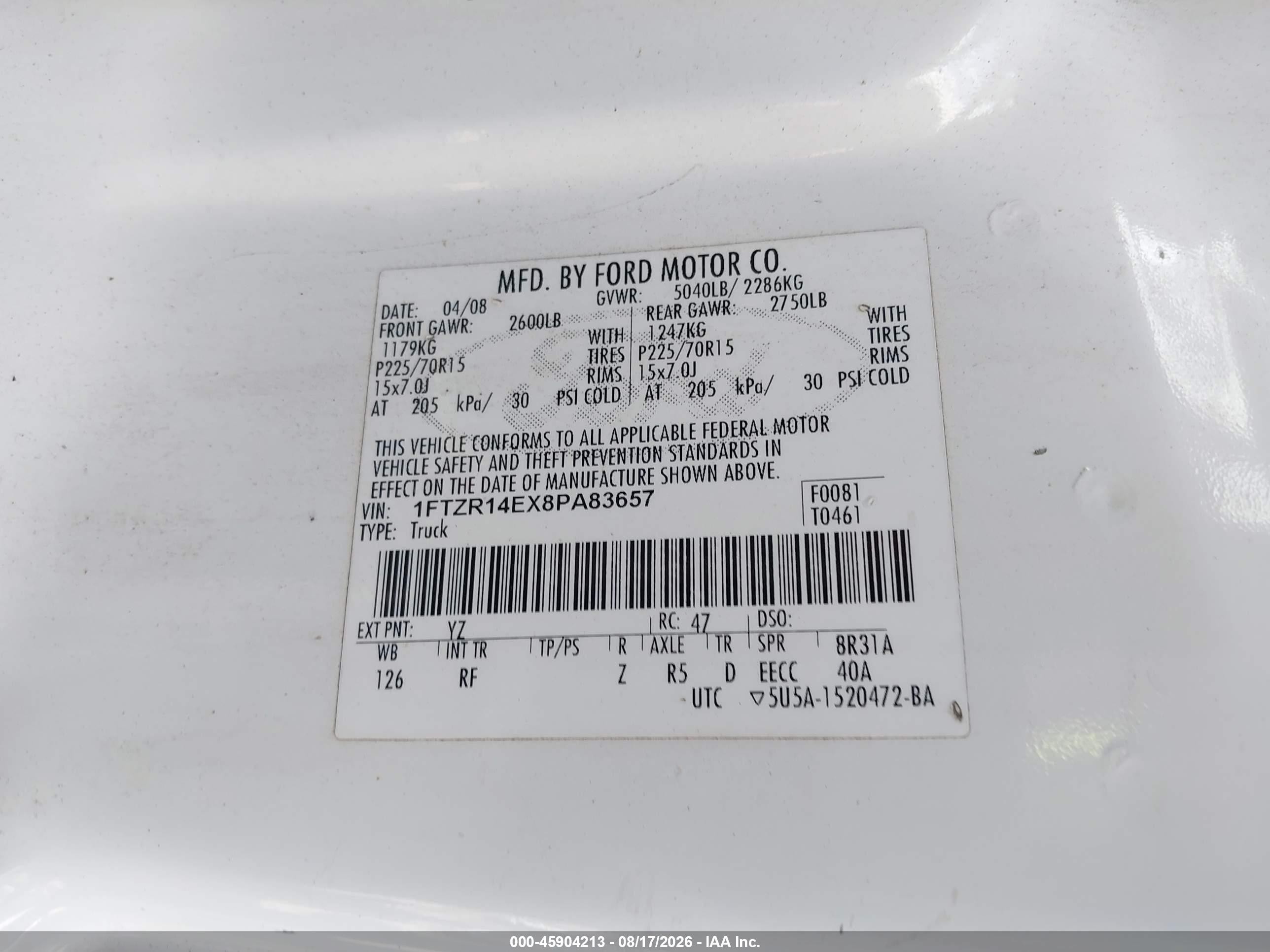 2008 Ford Ranger Xl/xlt White vin: 1FTZR14EX8PA83657
