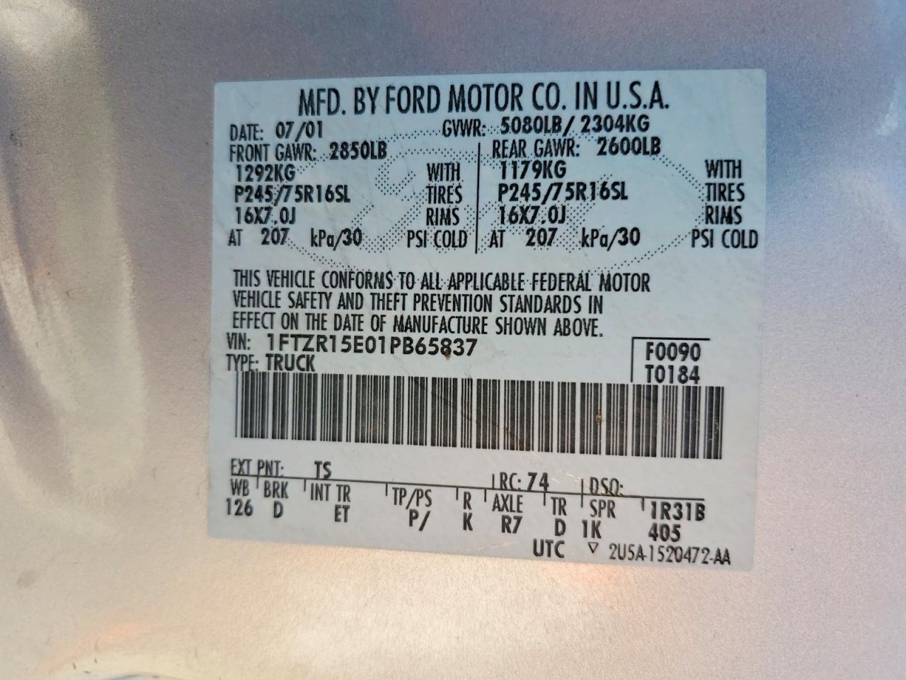 2001 Ford Ranger Super Cab Silver vin: 1FTZR15E01PB65837