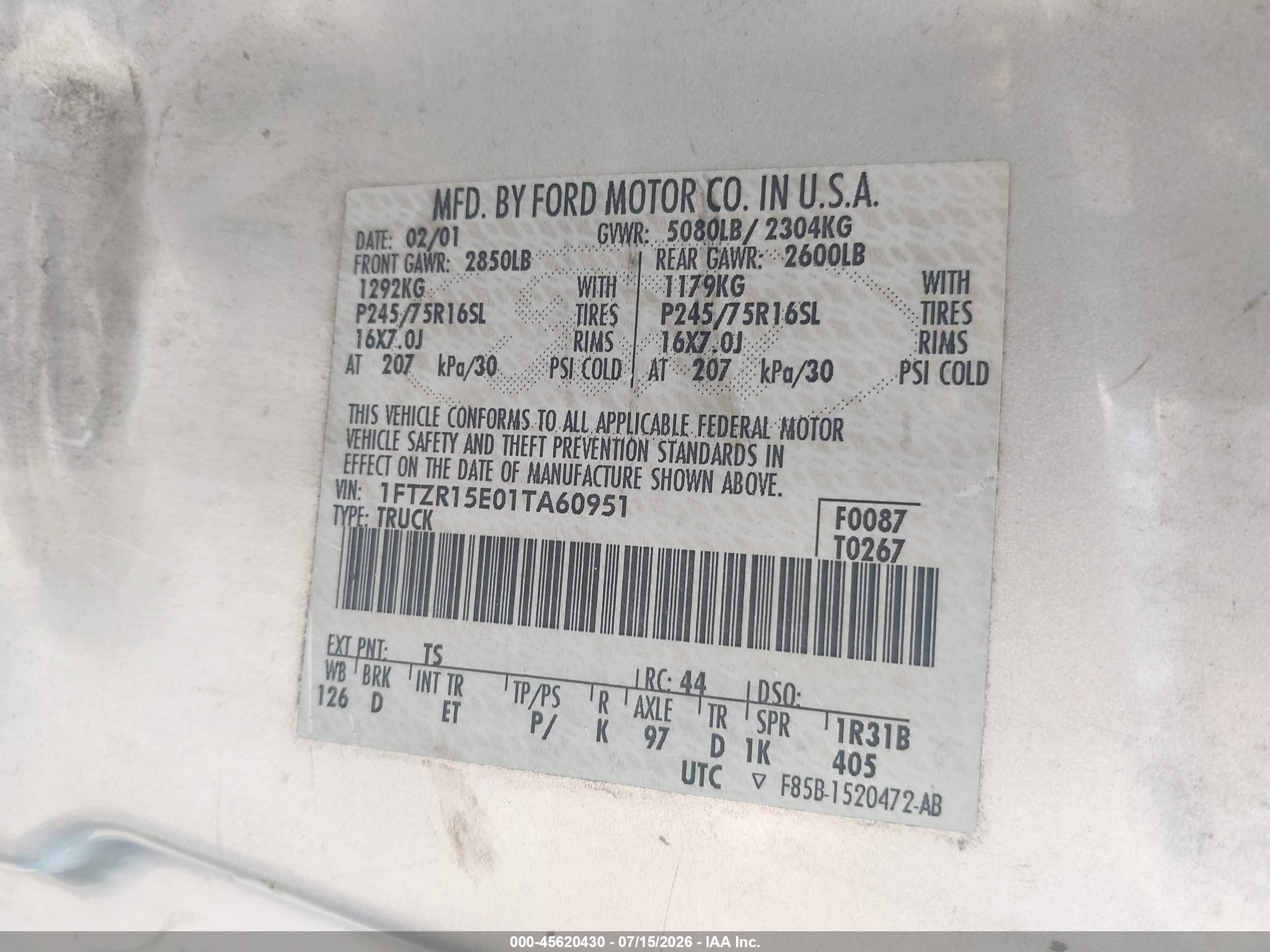 2001 Ford Ranger Edge/xlt Silver vin: 1FTZR15E01TA60951