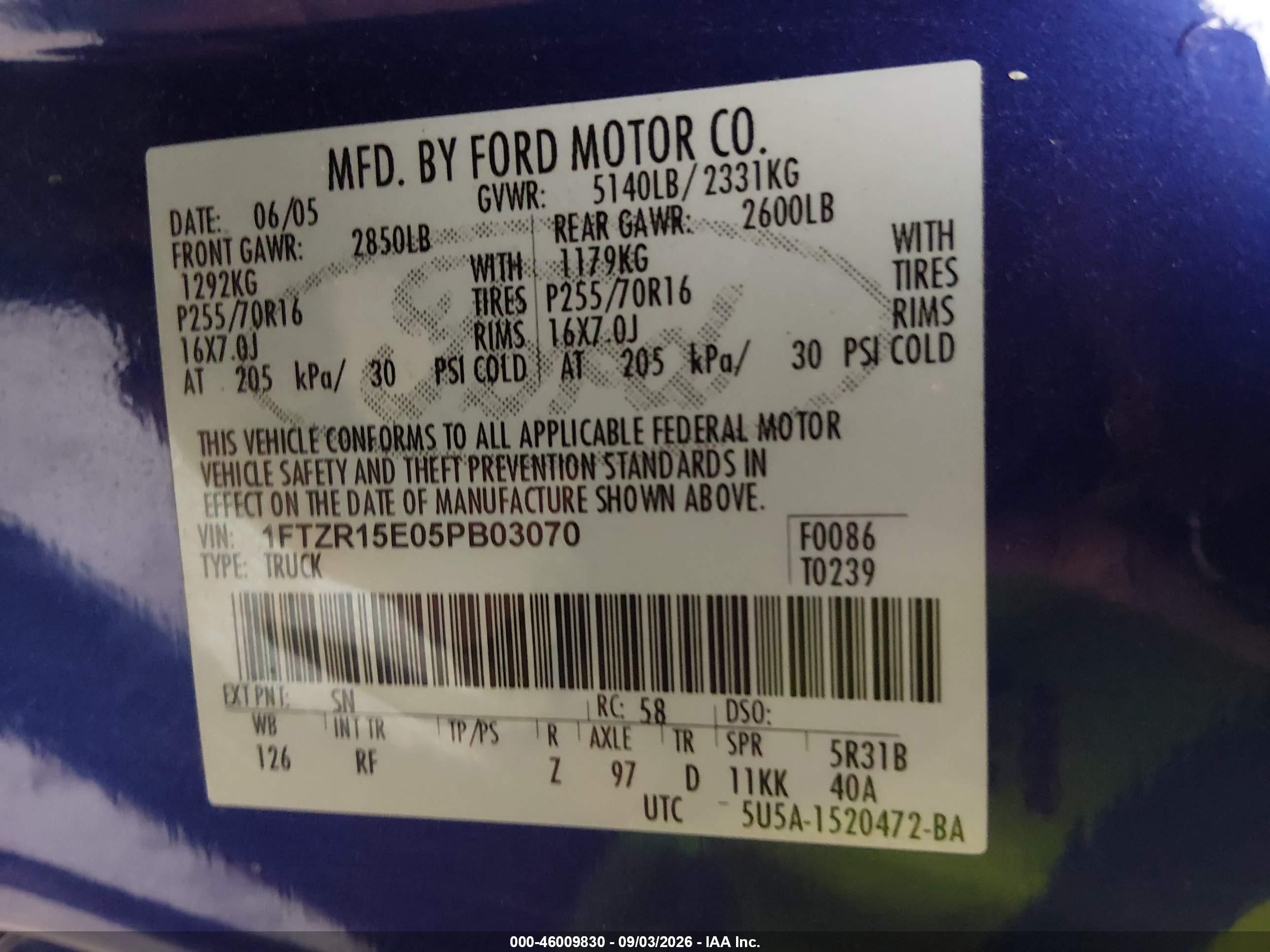 2005 Ford Ranger Edge/xl/xlt Dark Blue vin: 1FTZR15E05PB03070