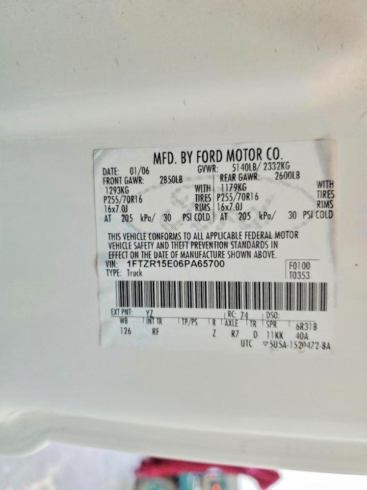 2006 Ford Ranger Super Cab White vin: 1FTZR15E06PA65700