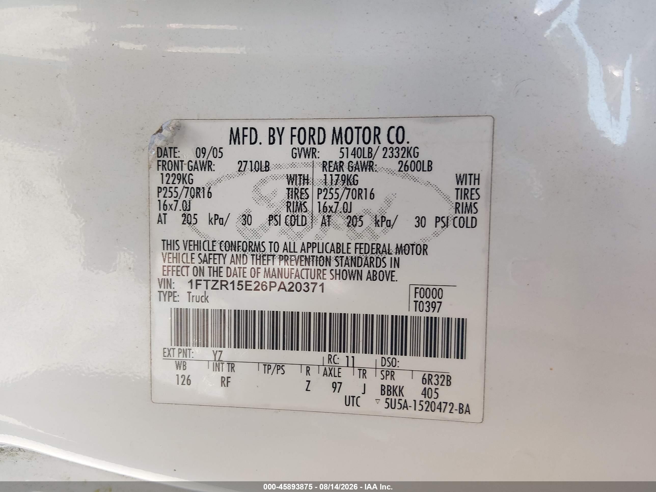 2006 Ford Ranger Fx4 Off-road/sport/xl/xlt White vin: 1FTZR15E26PA20371