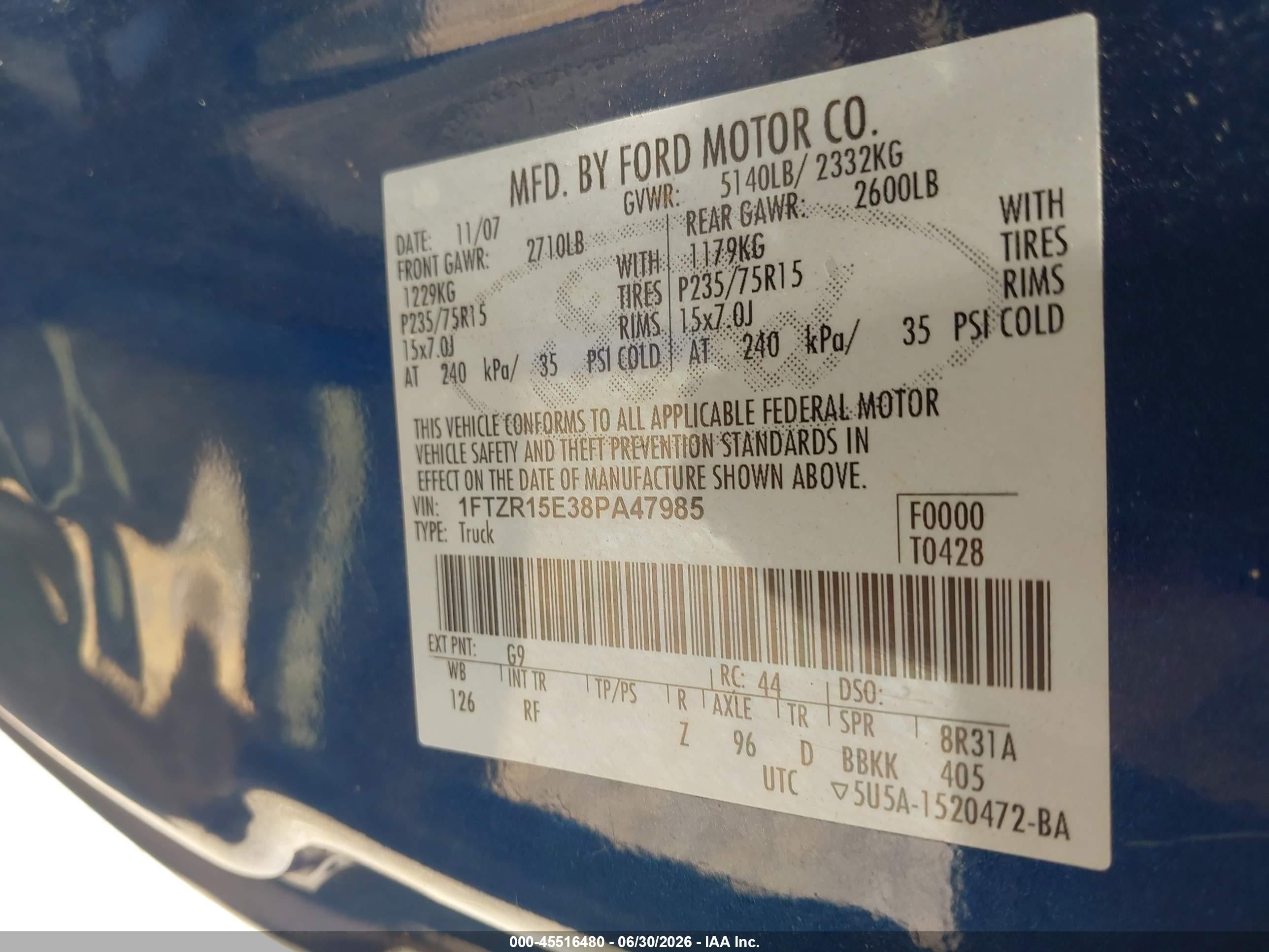 2008 Ford Ranger Fx4 Off-rd/sport/xl/xlt Blue vin: 1FTZR15E38PA47985