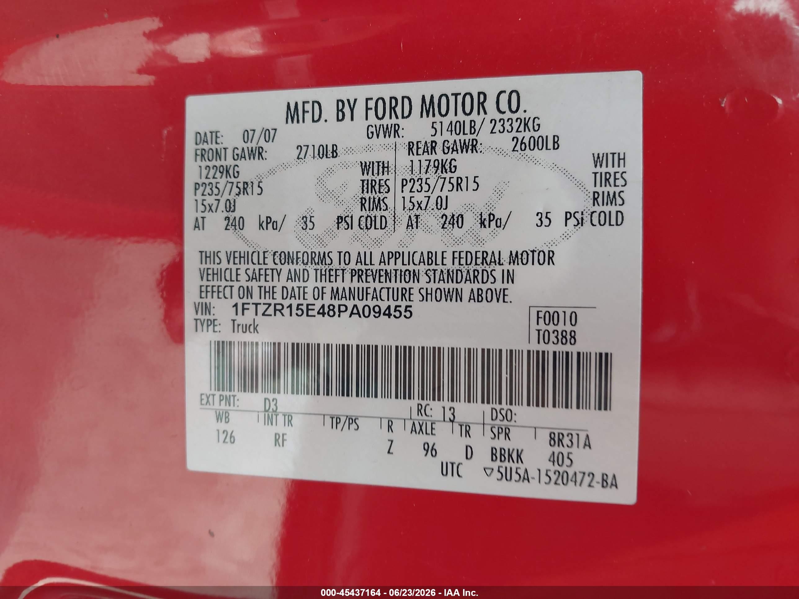 2008 Ford Ranger Fx4 Off-rd/sport/xl/xlt Red vin: 1FTZR15E48PA09455