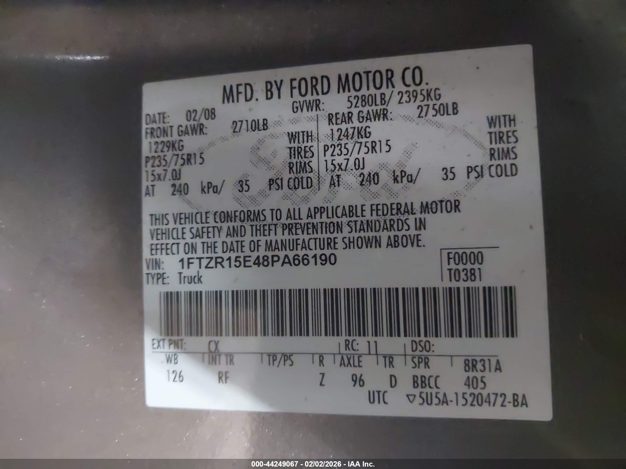 2008 Ford Ranger Fx4 Off-road/sport/xl/xlt Gray vin: 1FTZR15E48PA66190