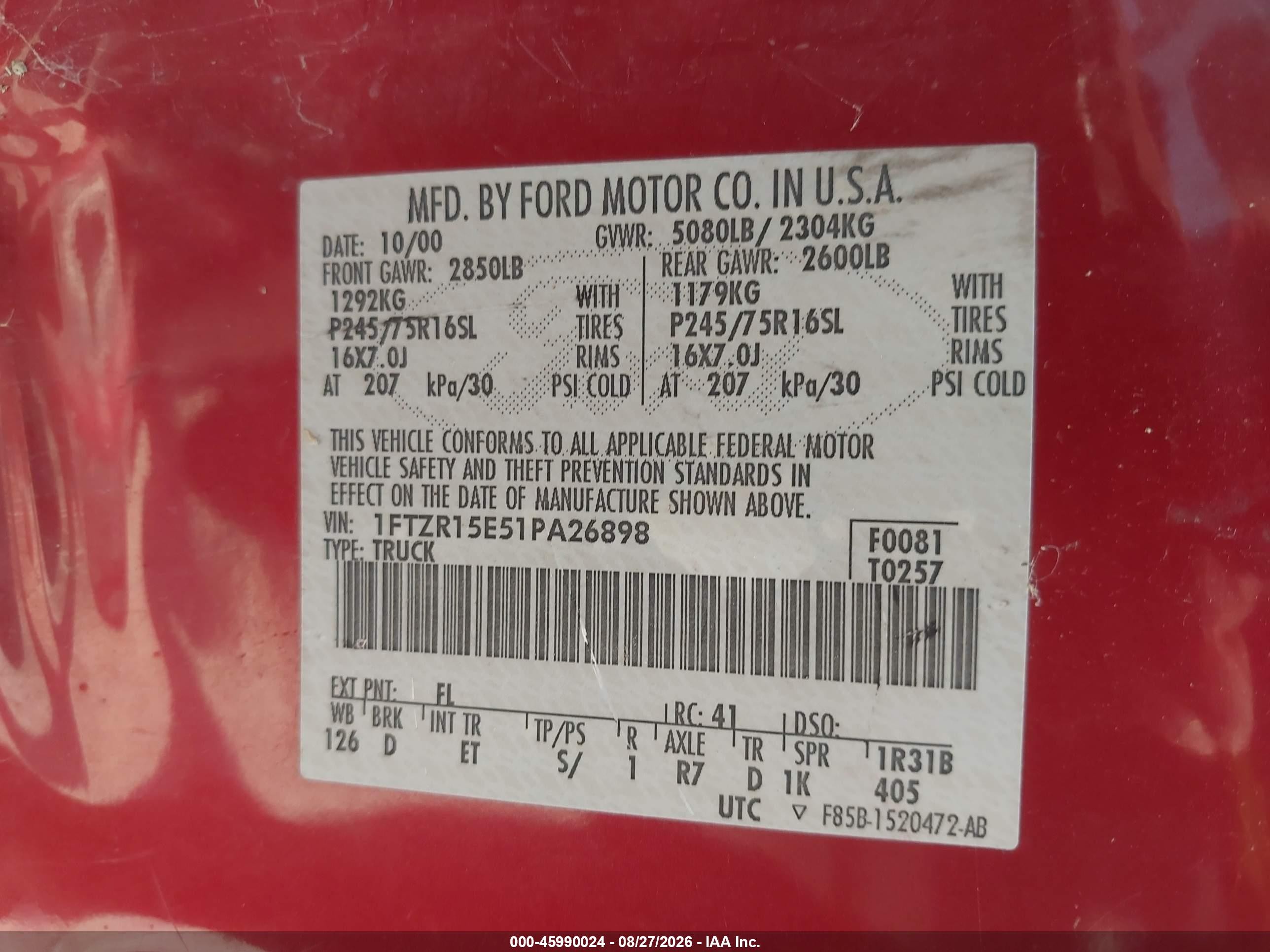 2001 Ford Ranger Edge/xlt Red vin: 1FTZR15E51PA26898