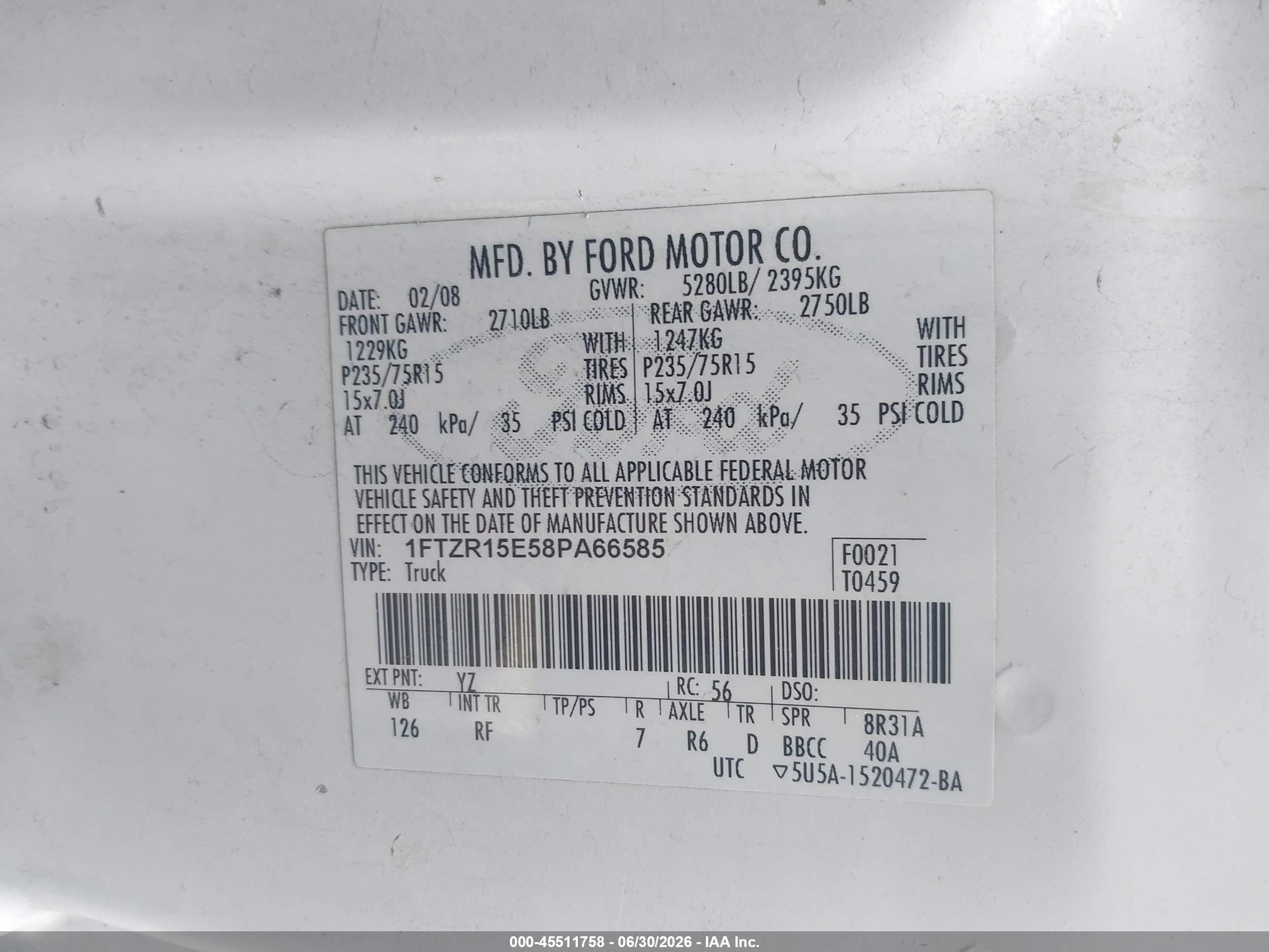 2008 Ford Ranger Fx4 Off-rd/sport/xl/xlt White vin: 1FTZR15E58PA66585
