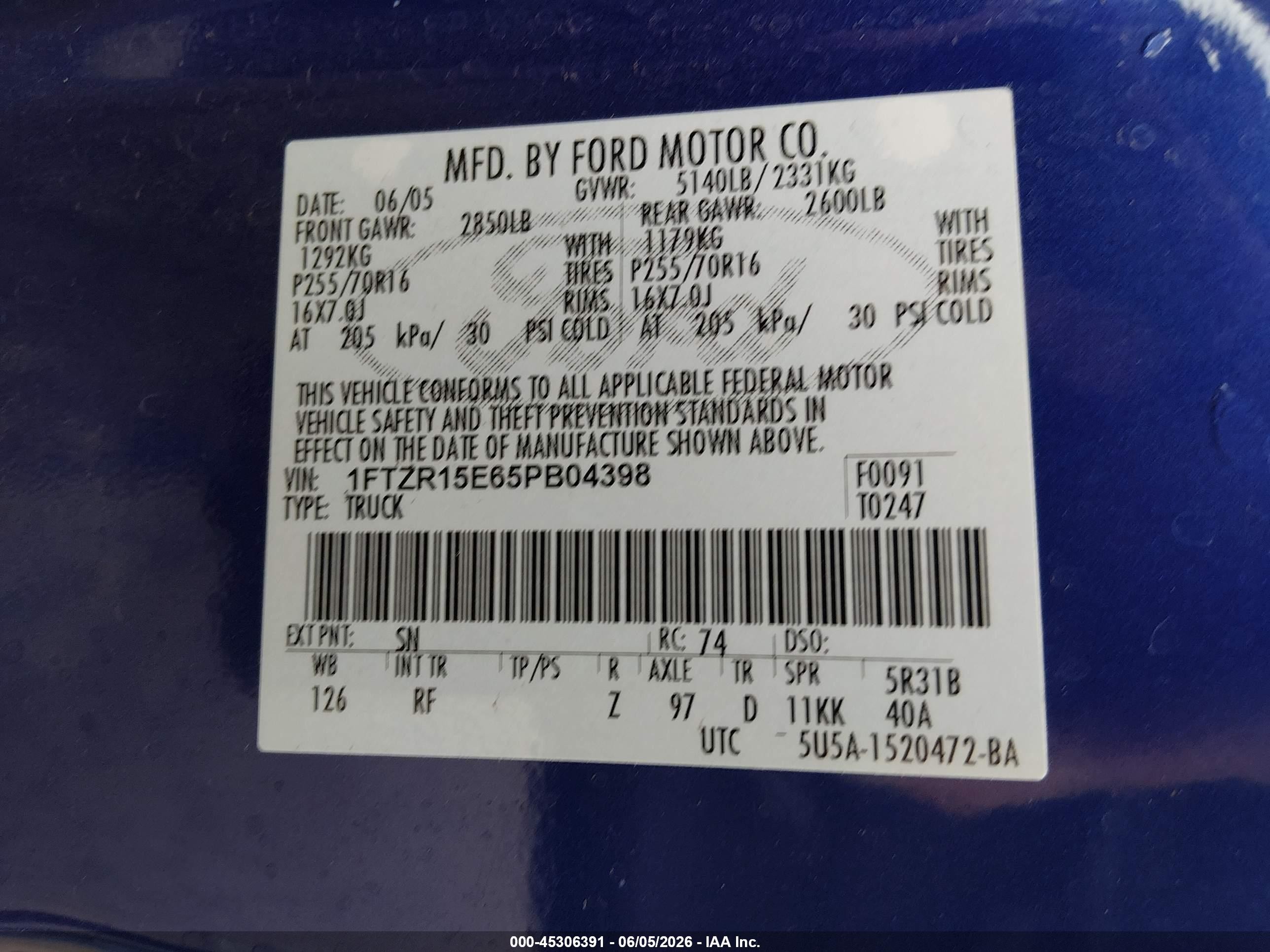 2005 Ford Ranger Edge/xl/xlt Blue vin: 1FTZR15E65PB04398